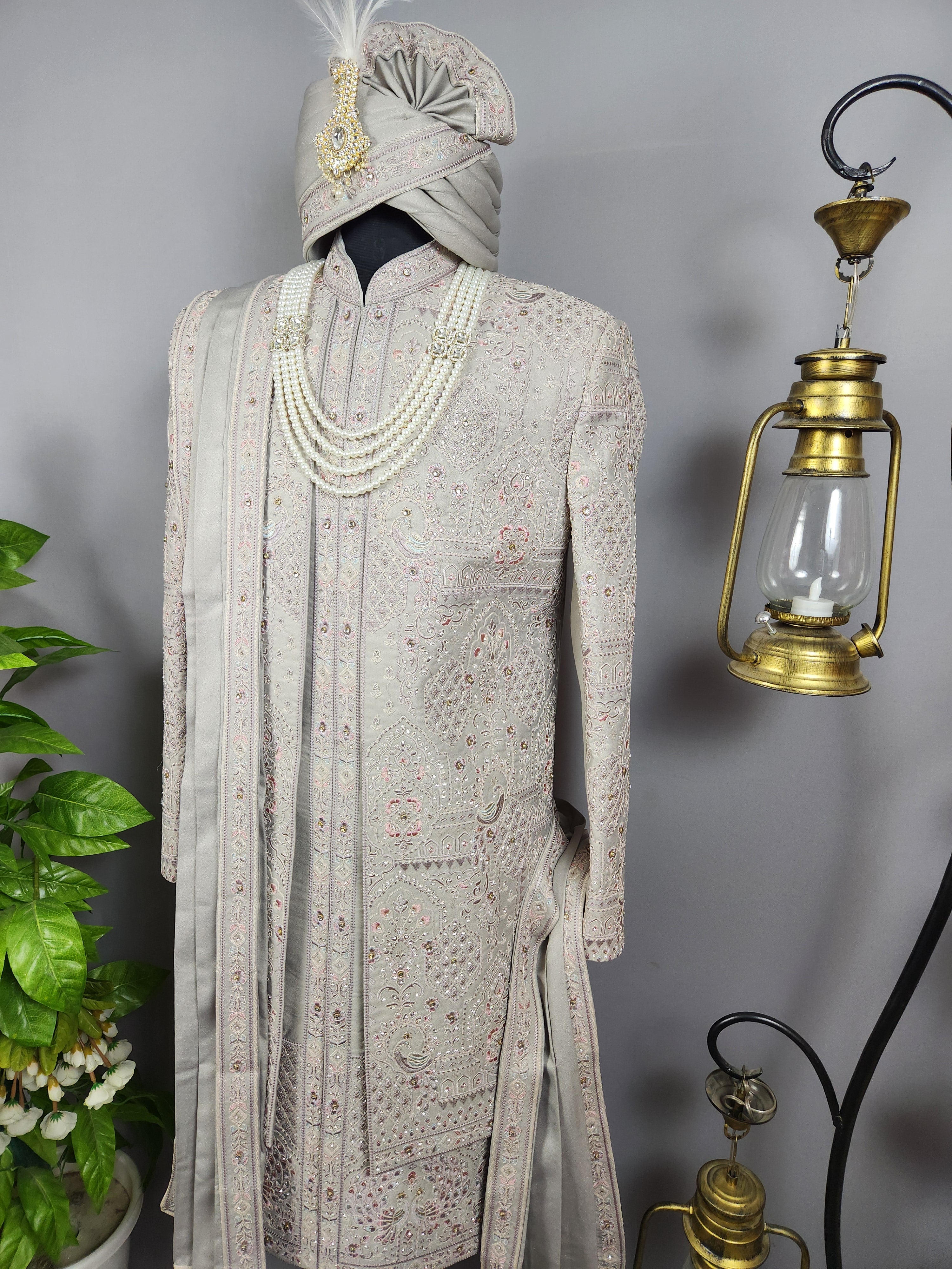 Gray Wedding Groom Sherwani - Diamond Studded Work | Sherwani For Men