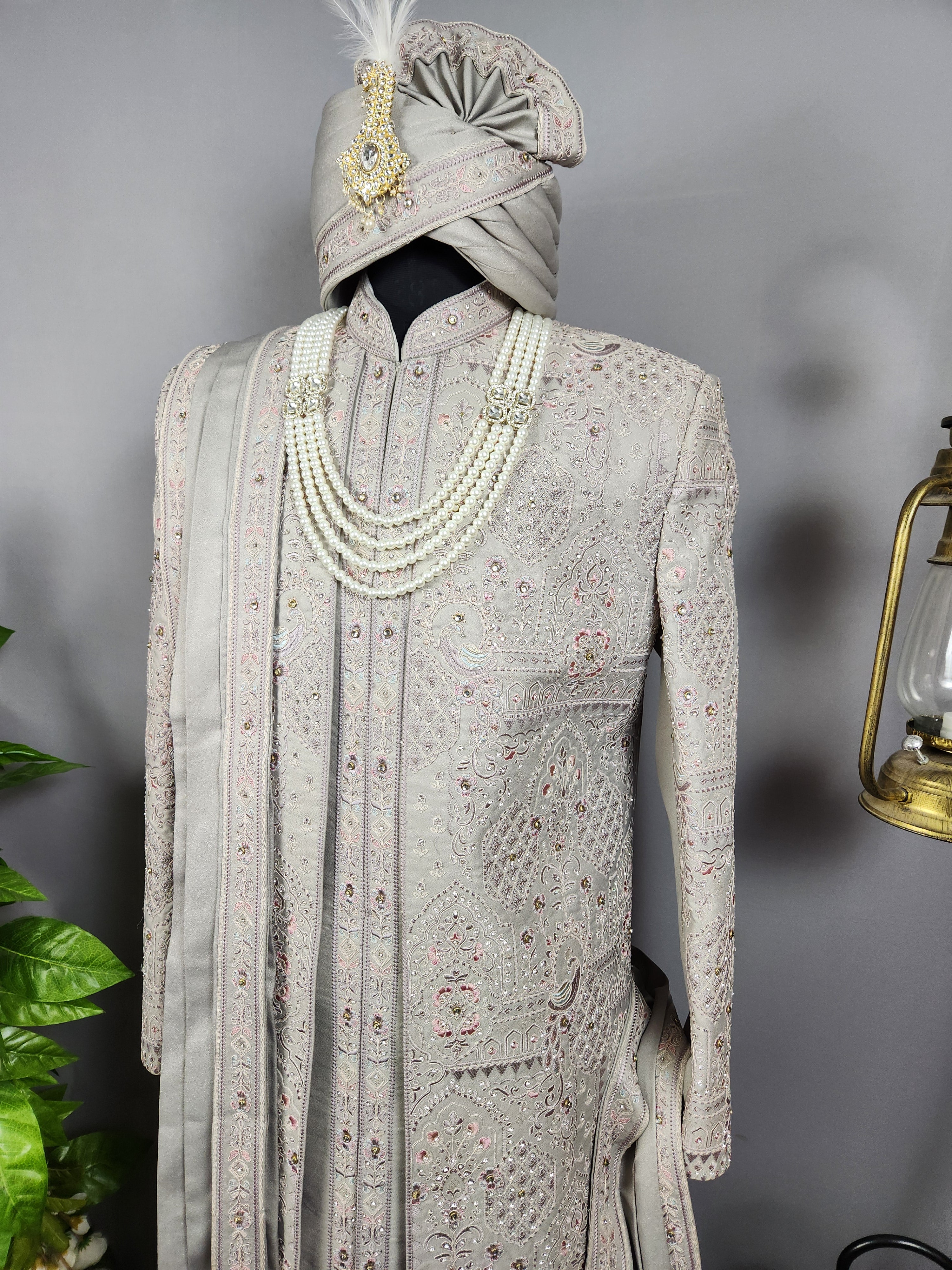 Gray Wedding Groom Sherwani - Diamond Studded Work | Sherwani For Men