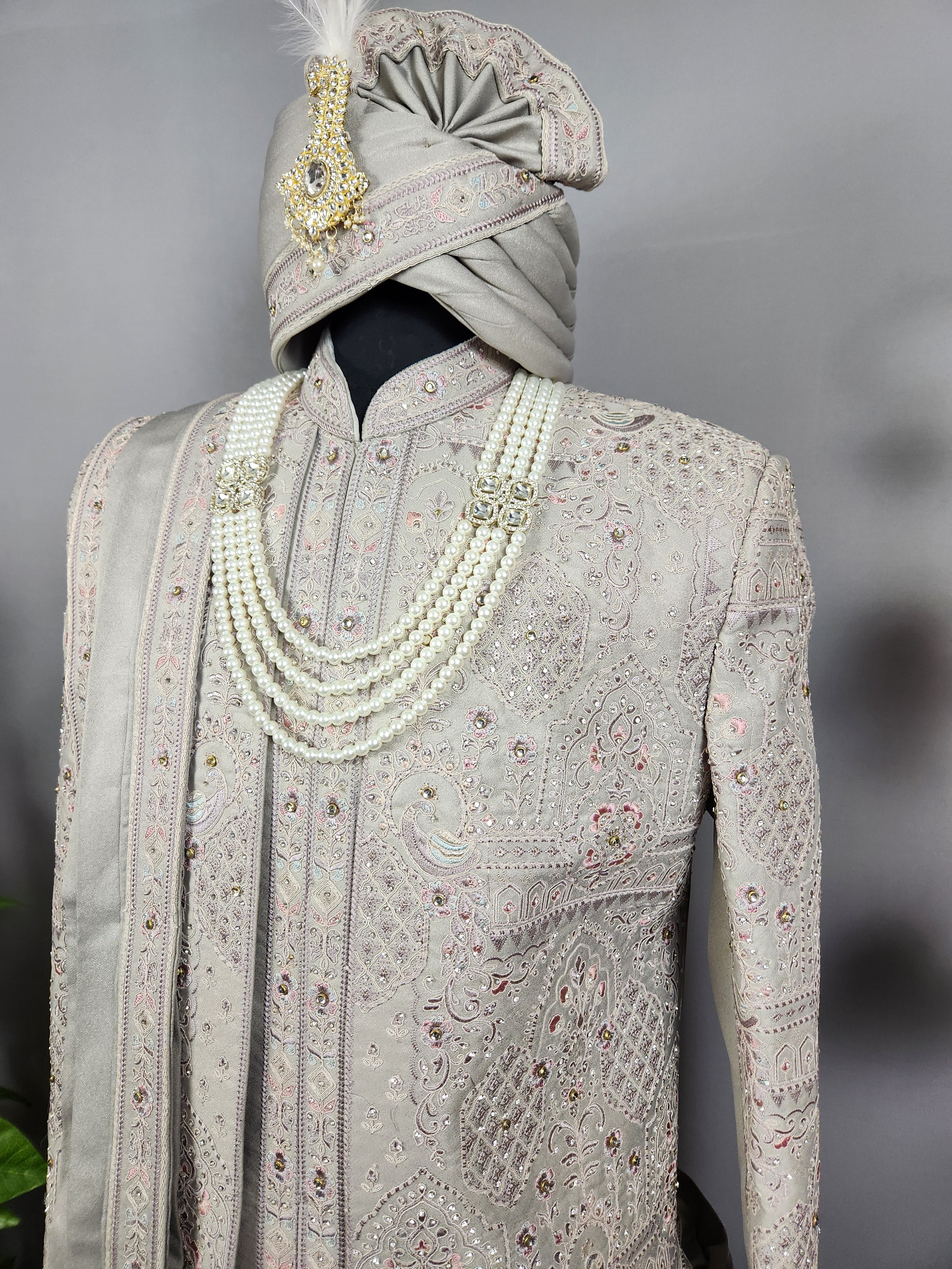 Gray Wedding Groom Sherwani - Diamond Studded Work | Sherwani For Men