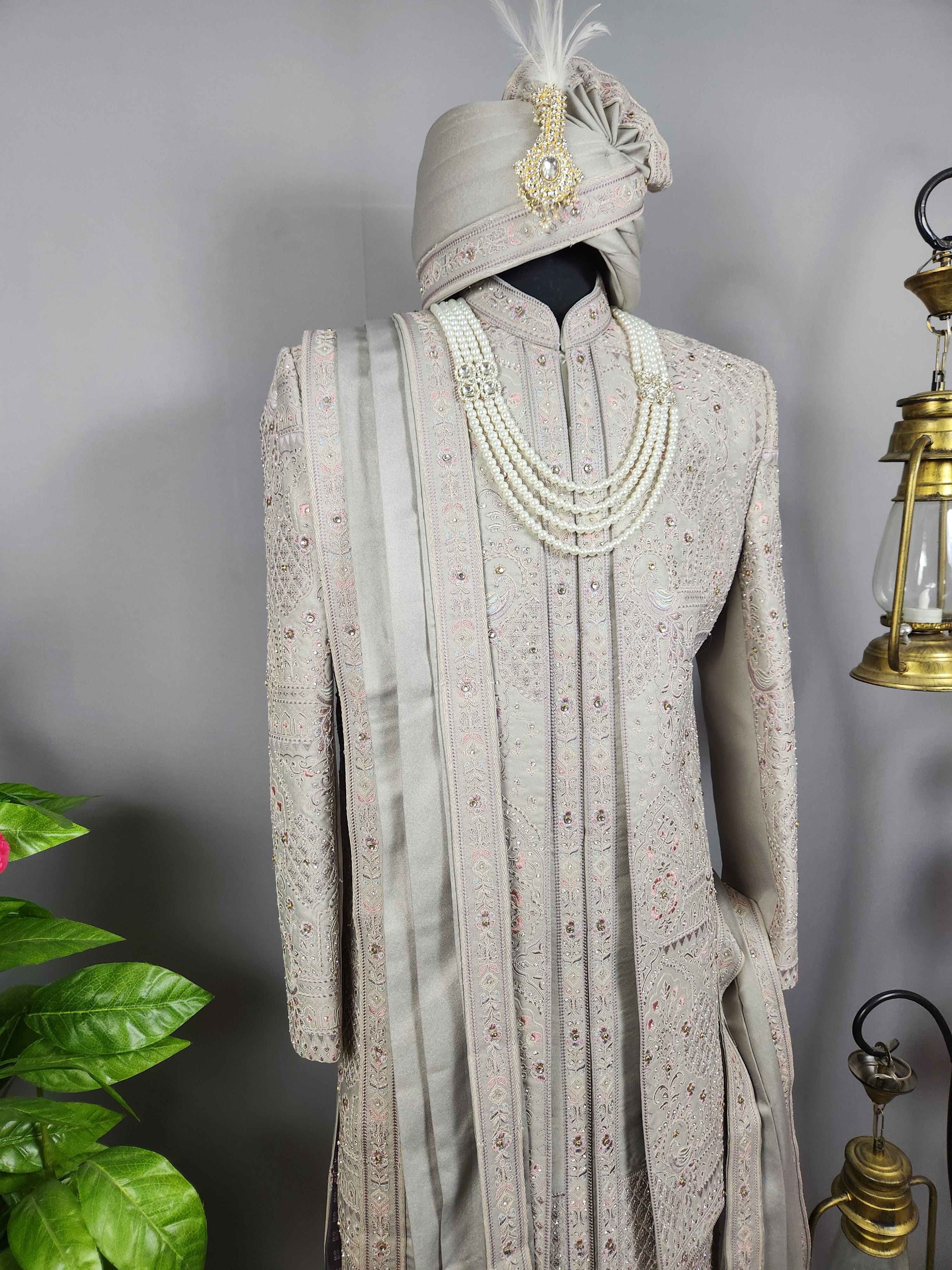 Gray Wedding Groom Sherwani - Diamond Studded Work | Sherwani For Men