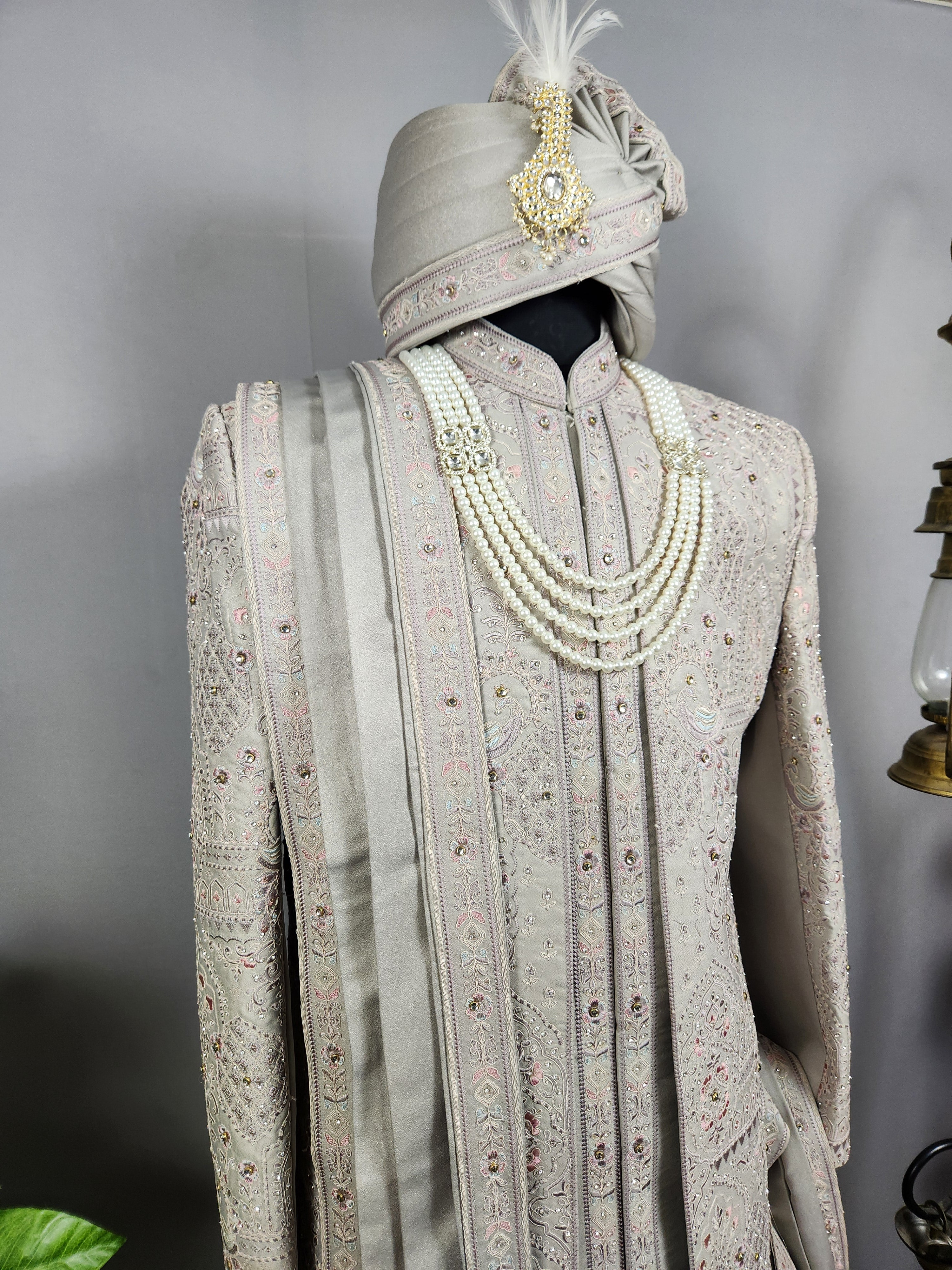 Gray Wedding Groom Sherwani - Diamond Studded Work | Sherwani For Men