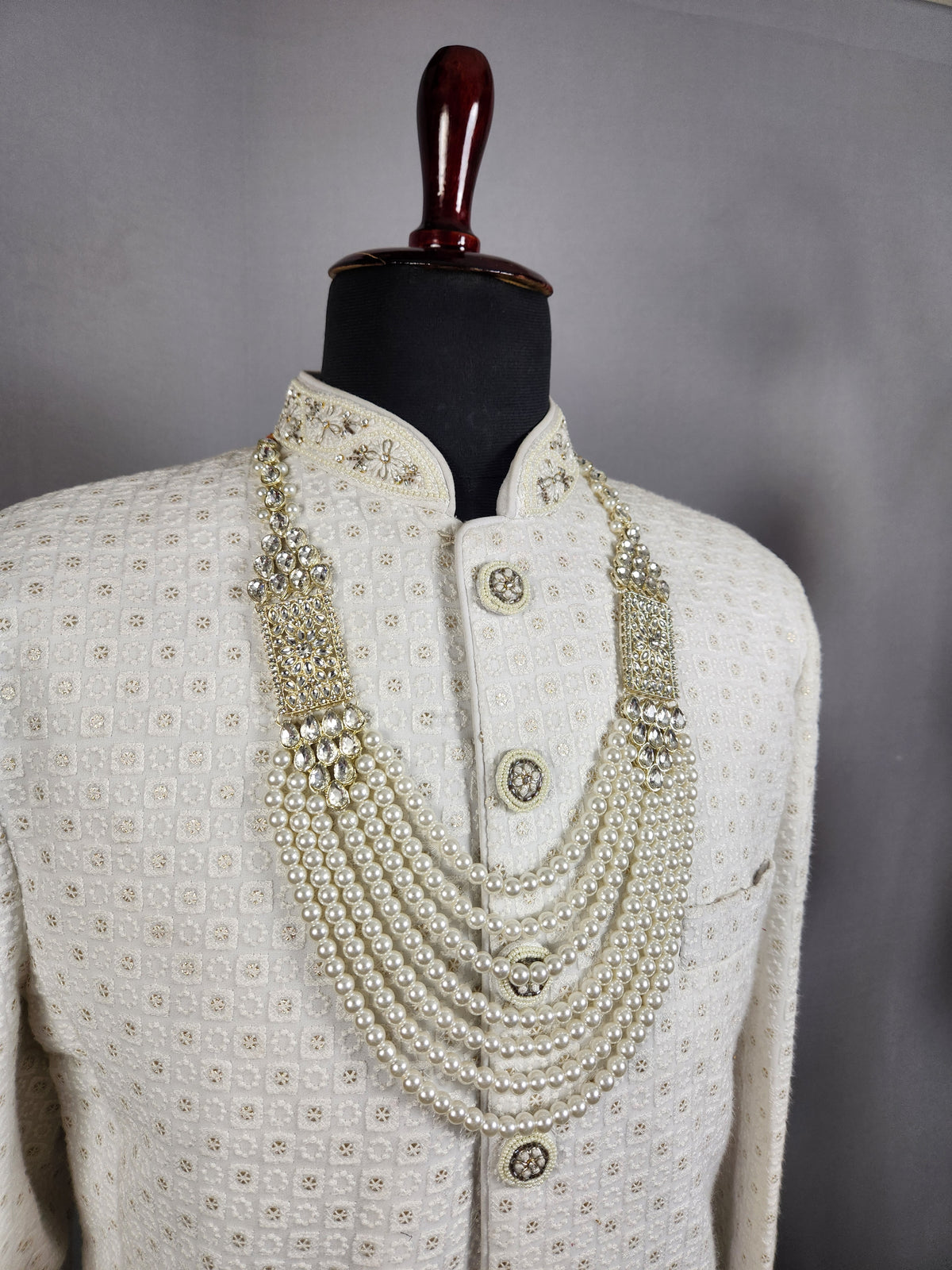 White Pearl Necklace Groom - Diamond Brooch | Wedding Mala For Sherwani