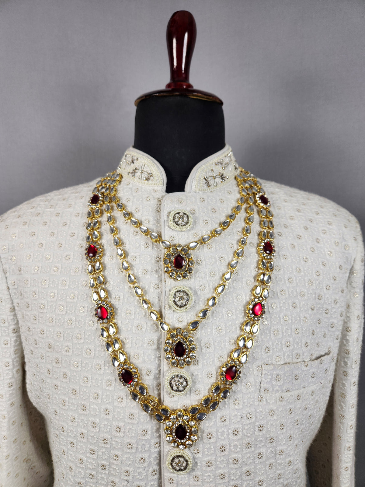 Golden Red Diamond Necklace Groom | Wedding Mala For Sherwani