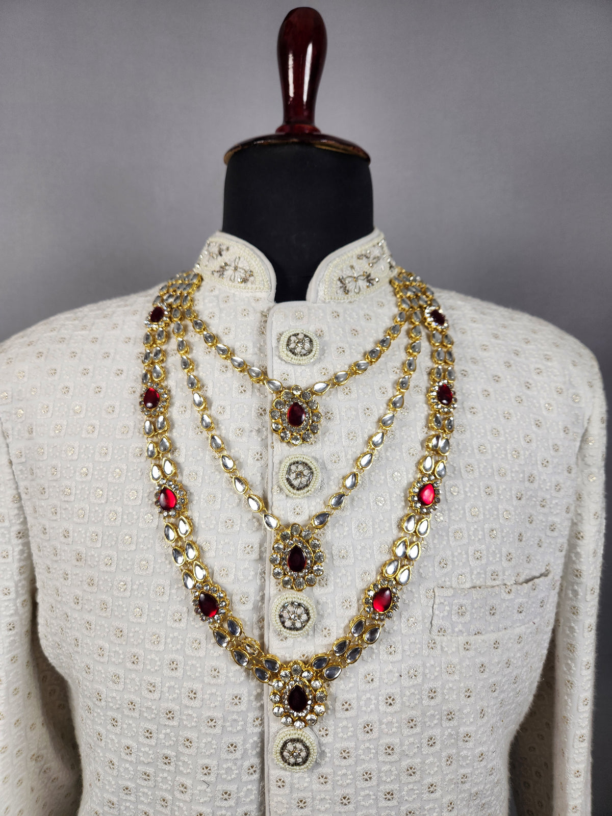 Golden Red Diamond Necklace Groom | Wedding Mala For Sherwani