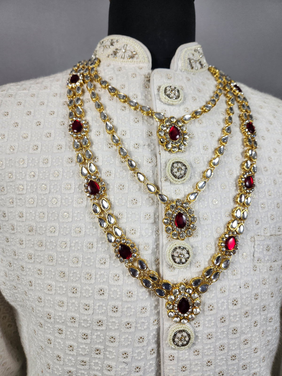 Golden Red Diamond Necklace Groom | Wedding Mala For Sherwani