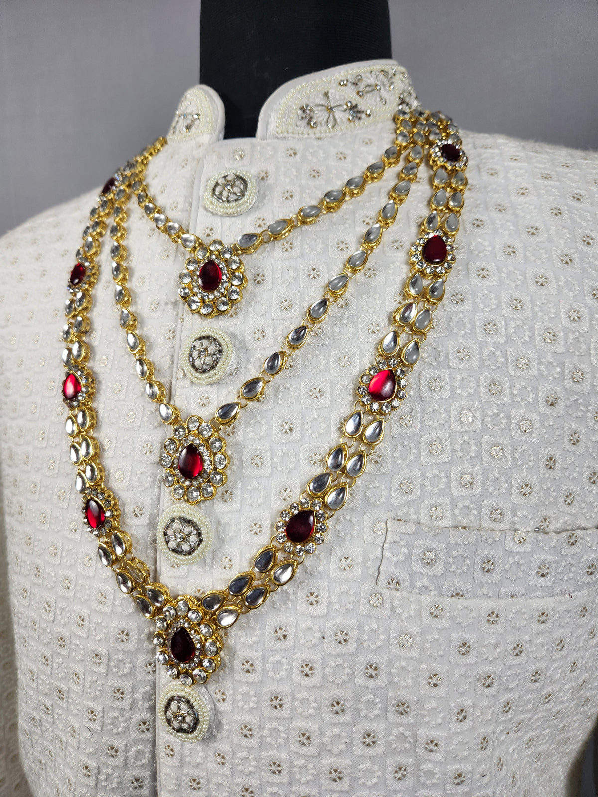 Golden Red Diamond Necklace Groom | Wedding Mala For Sherwani