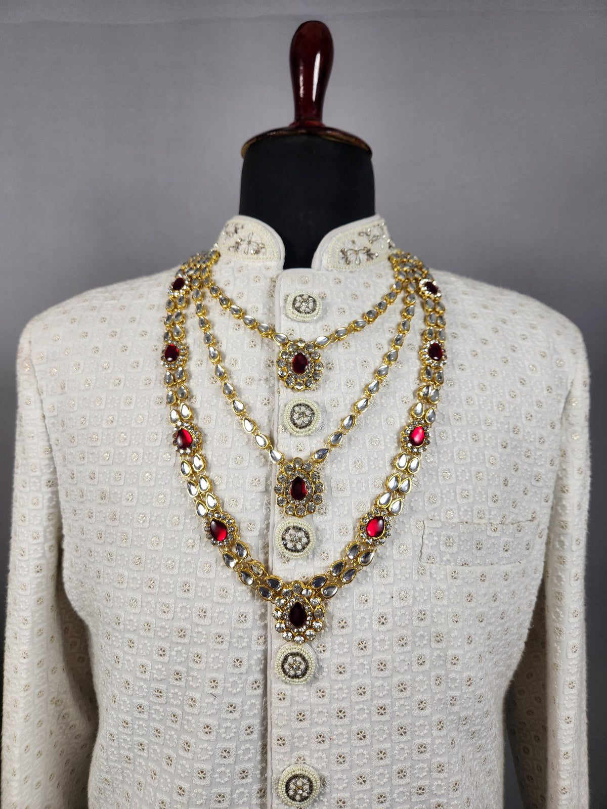 Golden Red Diamond Necklace Groom | Wedding Mala For Sherwani