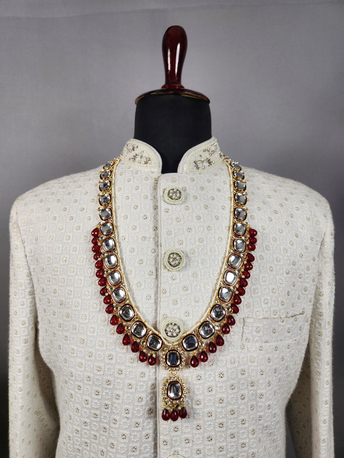 Golden Red Diamond Necklace Groom | Wedding Mala For Sherwani