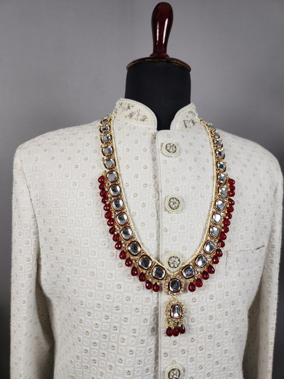 Golden Red Diamond Necklace Groom | Wedding Mala For Sherwani