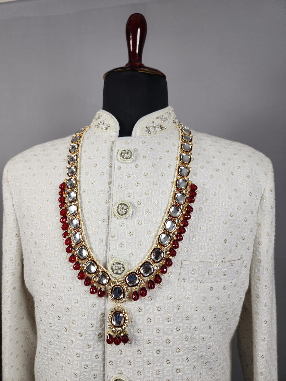 Golden Red Diamond Necklace Groom | Wedding Mala For Sherwani