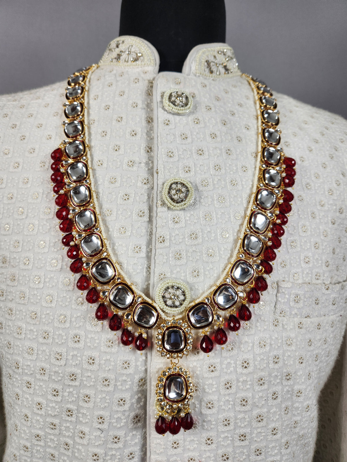 Golden Red Diamond Necklace Groom | Wedding Mala For Sherwani