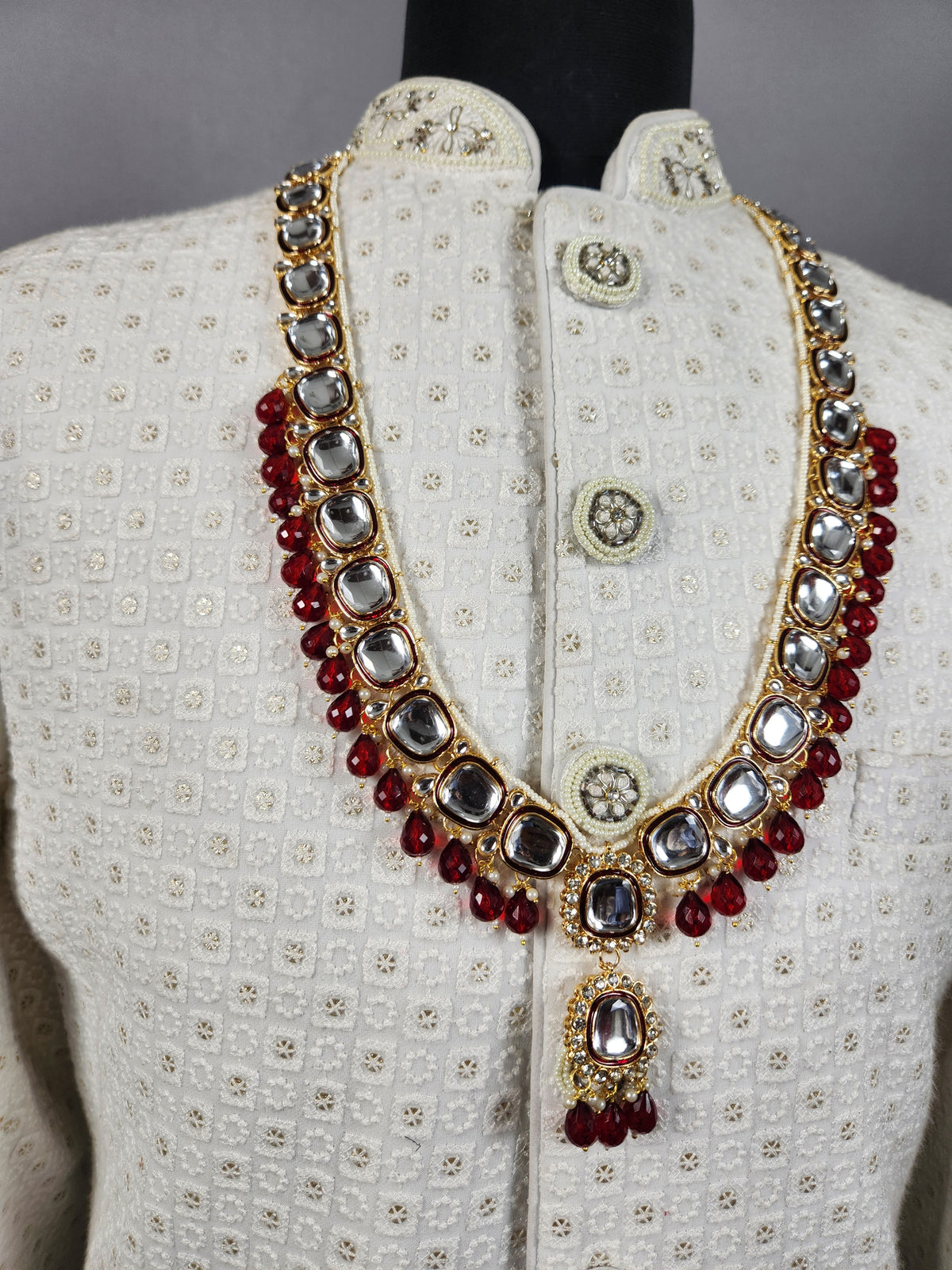 Golden Red Diamond Necklace Groom | Wedding Mala For Sherwani