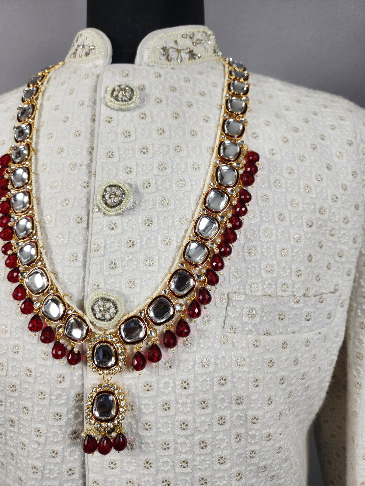 Golden Red Diamond Necklace Groom | Wedding Mala For Sherwani