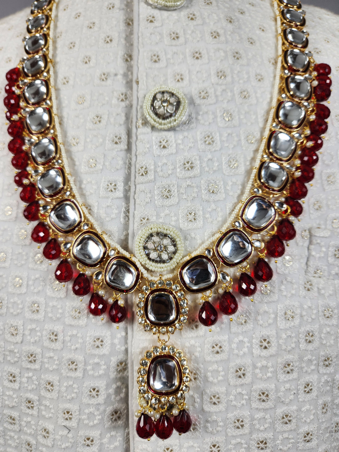 Golden Red Diamond Necklace Groom | Wedding Mala For Sherwani