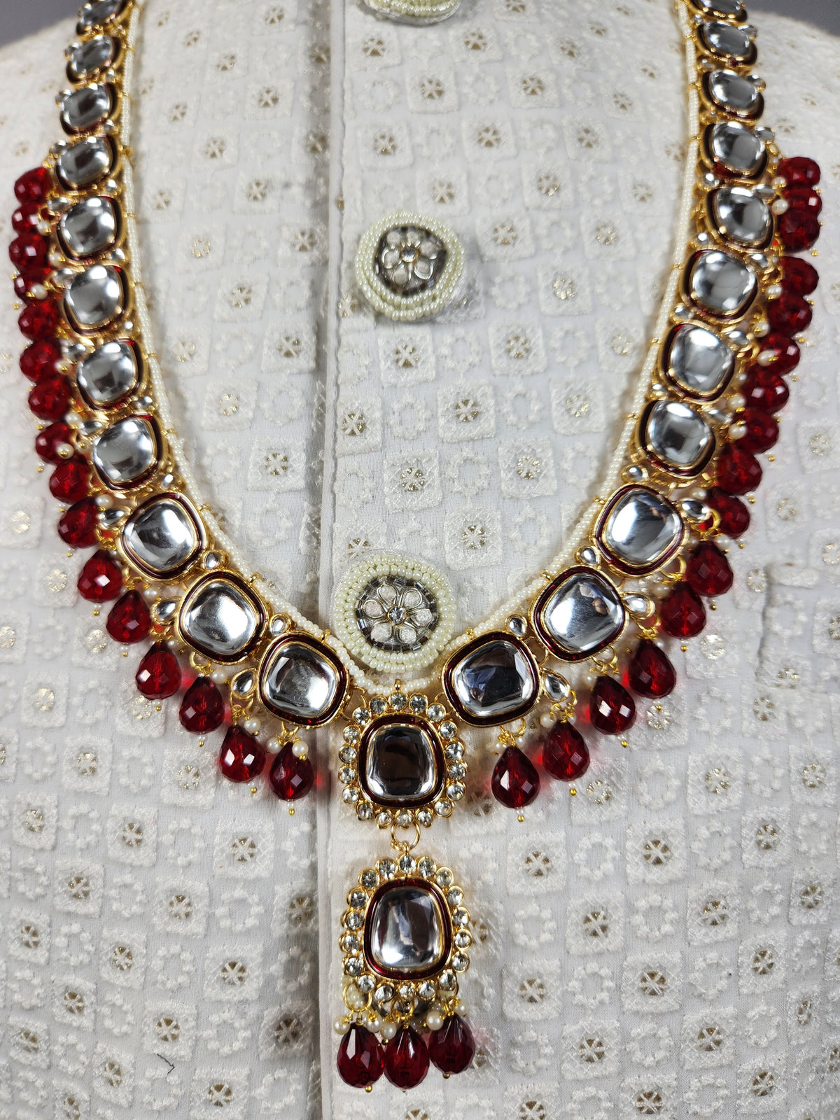 Golden Red Diamond Necklace Groom | Wedding Mala For Sherwani