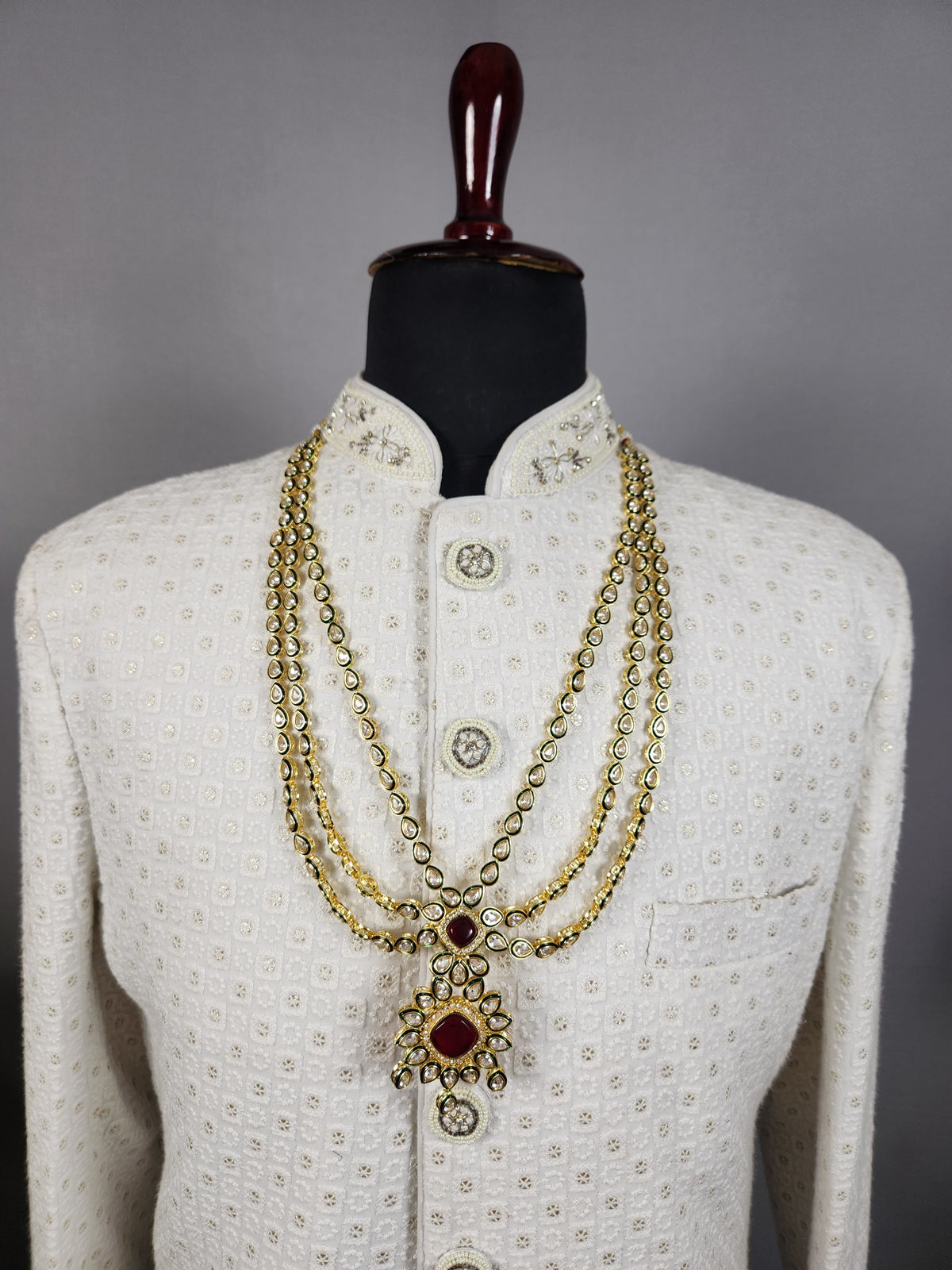 Golden Red Diamond Necklace Groom | Wedding Mala For Sherwani