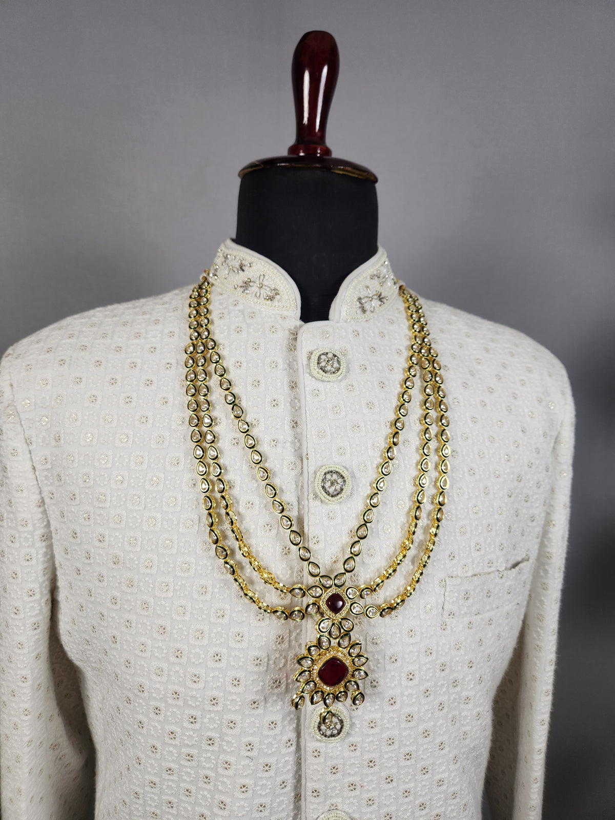 Golden Red Diamond Necklace Groom | Wedding Mala For Sherwani