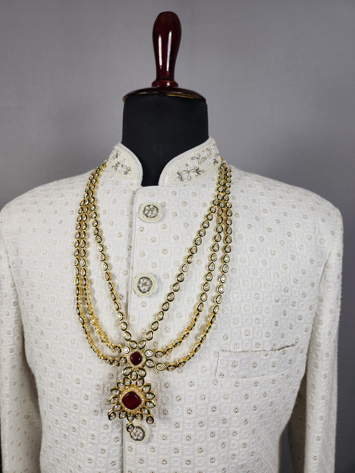 Golden Red Diamond Necklace Groom | Wedding Mala For Sherwani