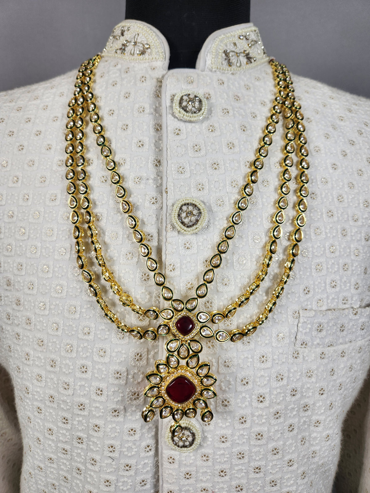 Golden Red Diamond Necklace Groom | Wedding Mala For Sherwani