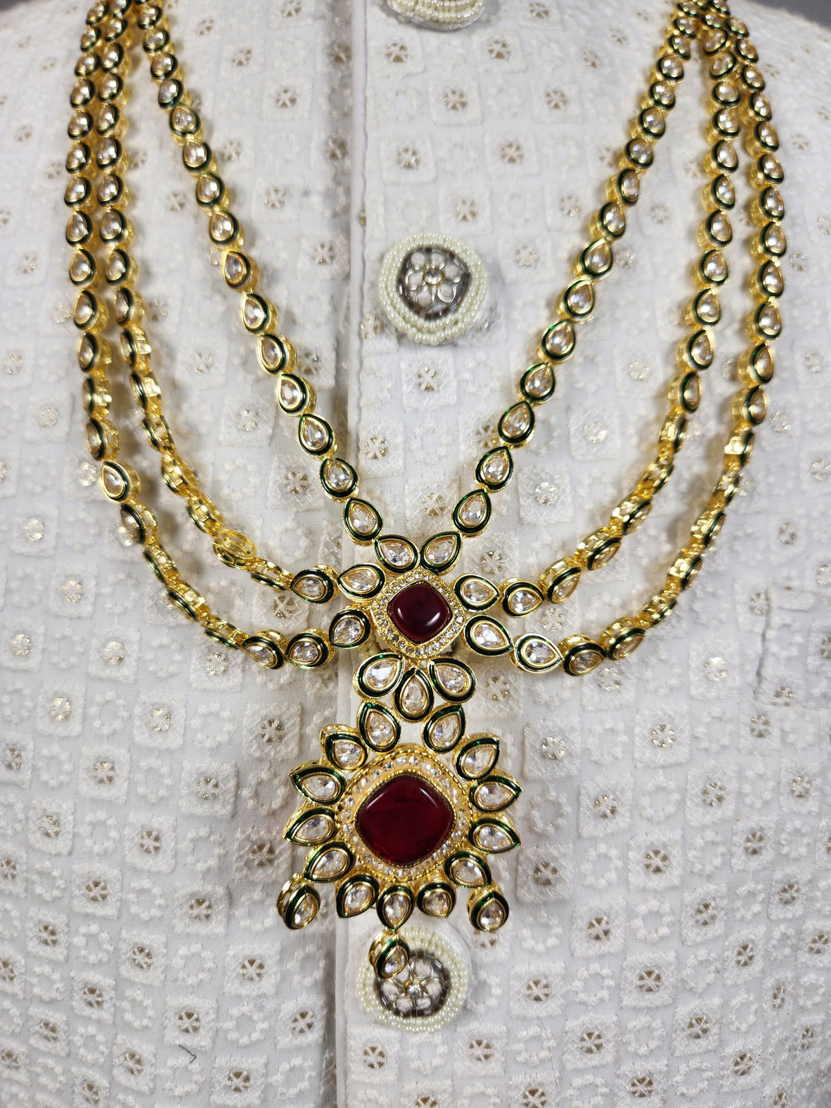 Golden Red Diamond Necklace Groom | Wedding Mala For Sherwani