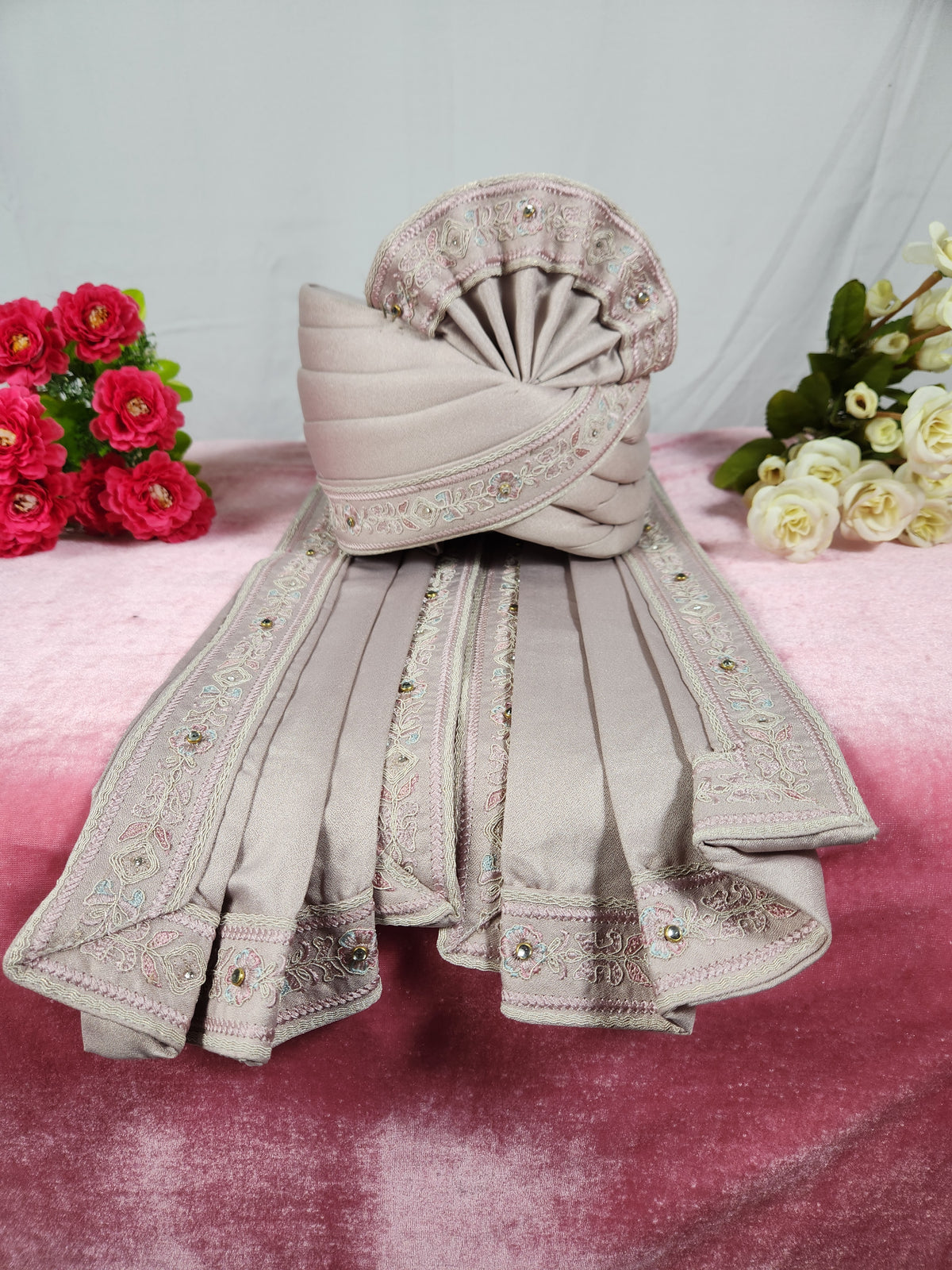 Dusty Rose Groom Turban Shawl With Stone Work | Dupatta Safa Set For Men