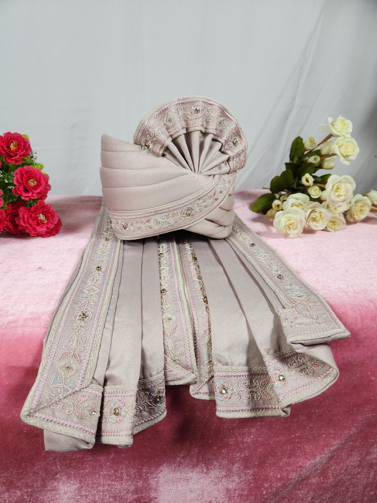 Dusty Rose Groom Turban Shawl With Stone Work | Dupatta Safa Set For Men