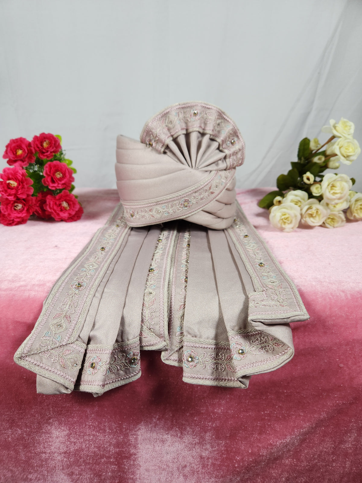 Dusty Rose Groom Turban Shawl With Stone Work | Dupatta Safa Set For Men