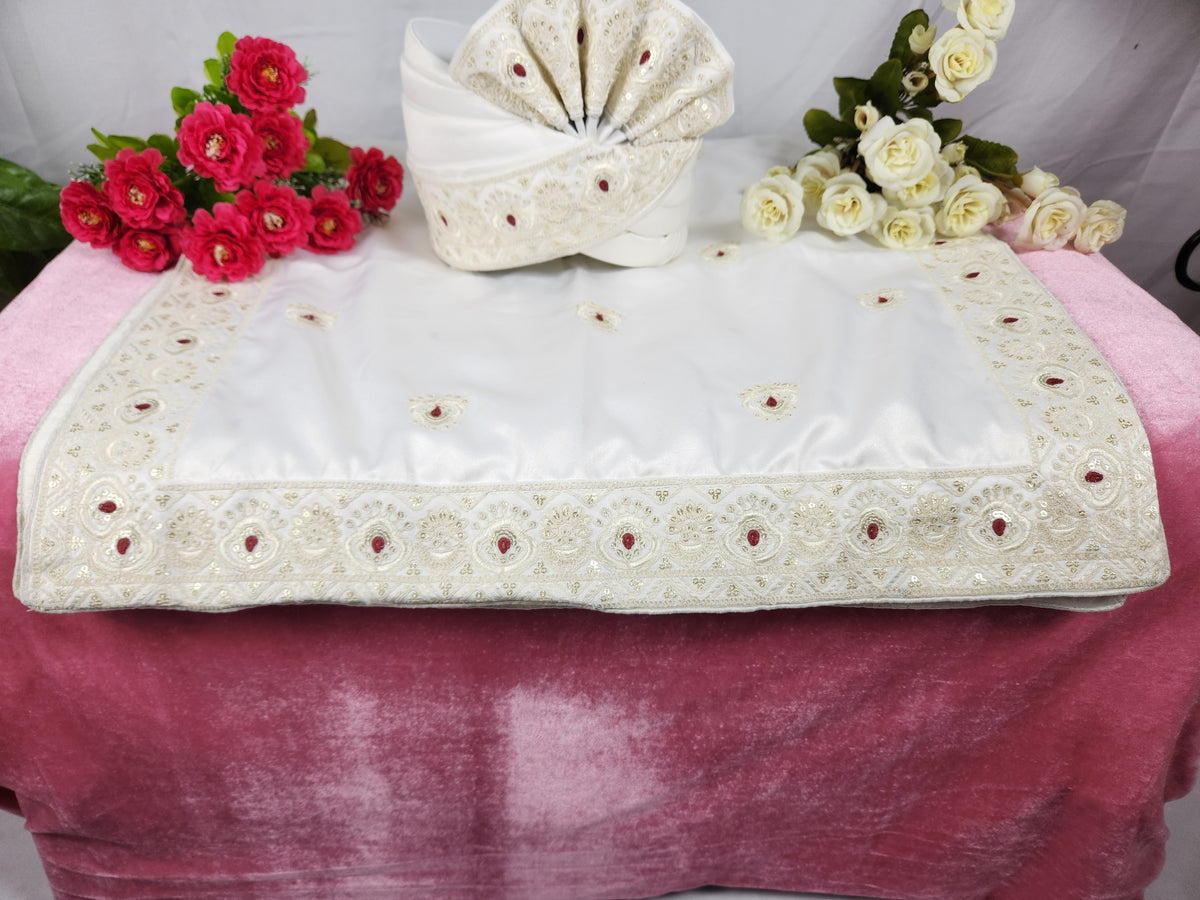 Off White Groom Turban Shawl With Red Touch Up Work | Dupatta Safa Set For Men