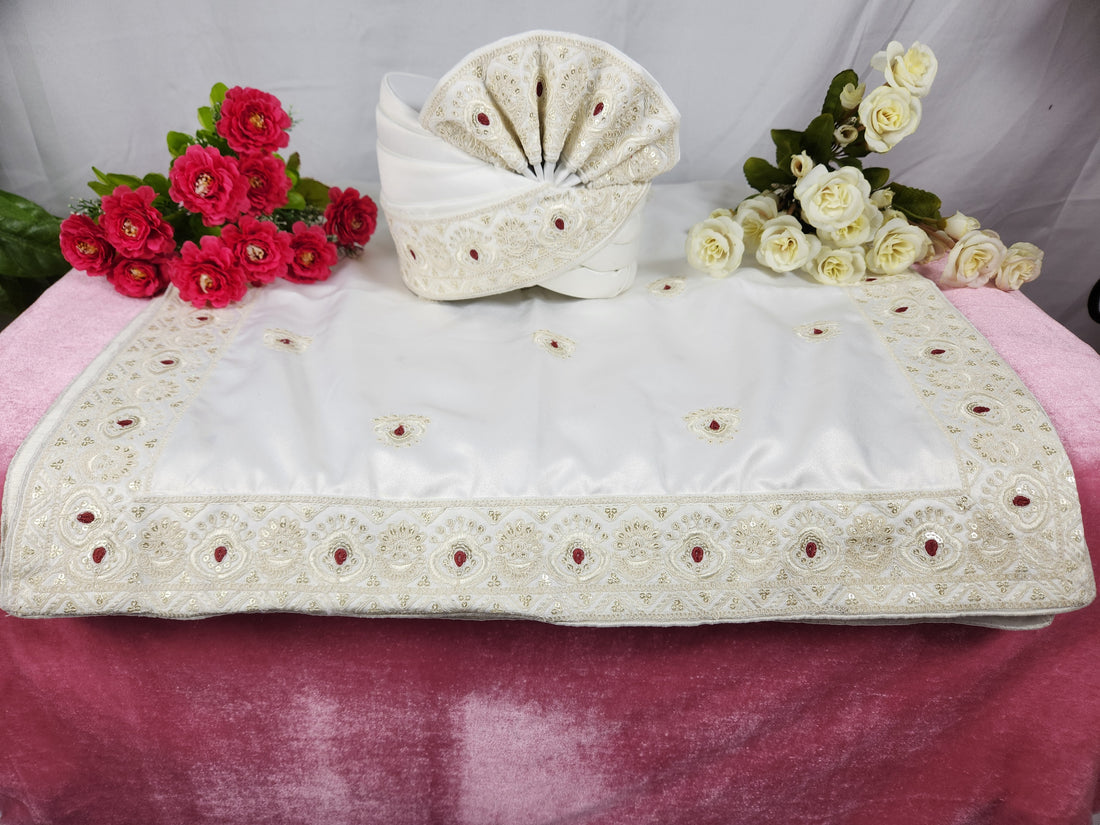 Off White Groom Turban Shawl With Red Touch Up Work | Dupatta Safa Set For Men