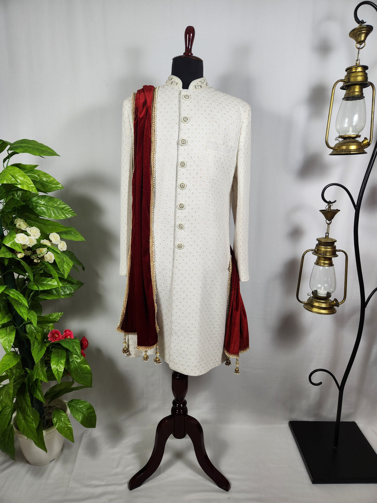 Red Groom Shawl - Golden Border | Stole For Men