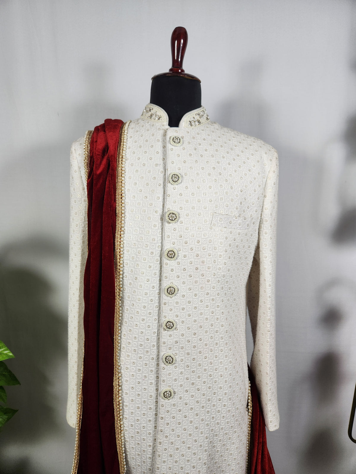 Red Groom Shawl - Golden Border | Stole For Men