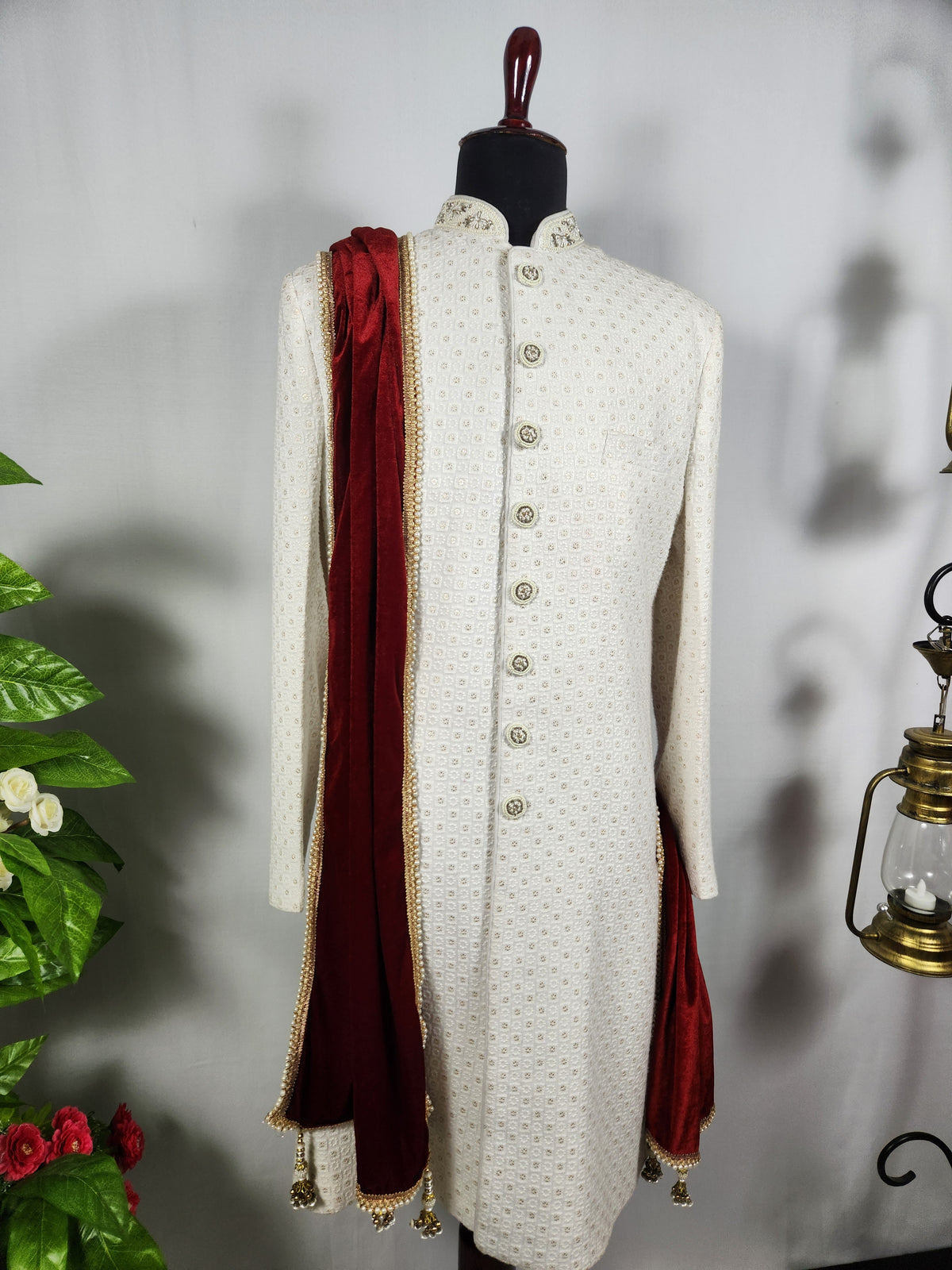 Red Groom Shawl - Golden Border | Stole For Men