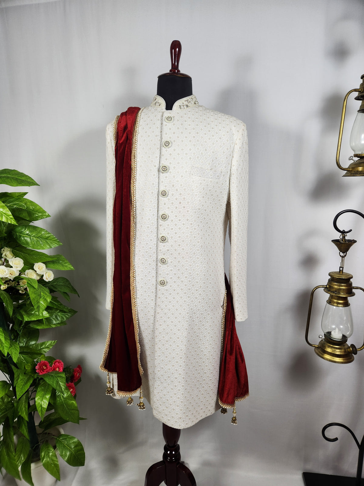 Red Groom Shawl - Golden Border | Stole For Men