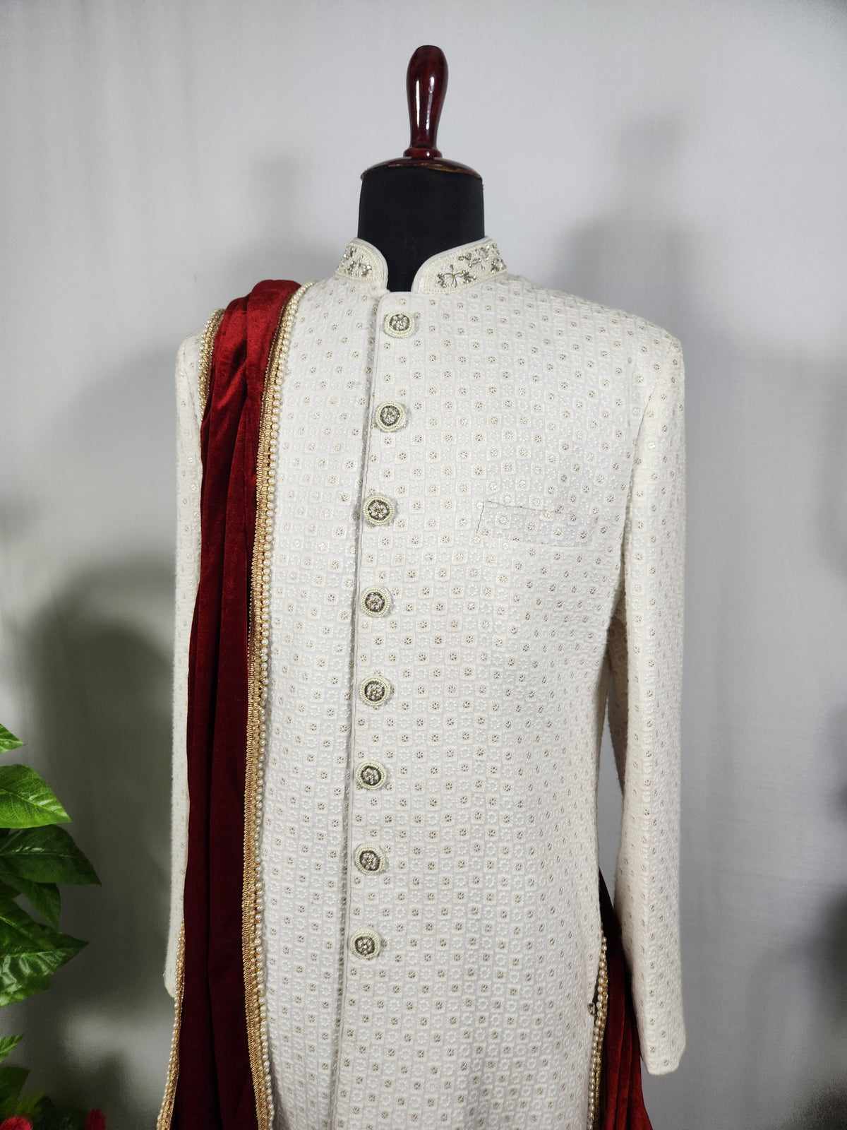 Red Groom Shawl - Golden Border | Stole For Men