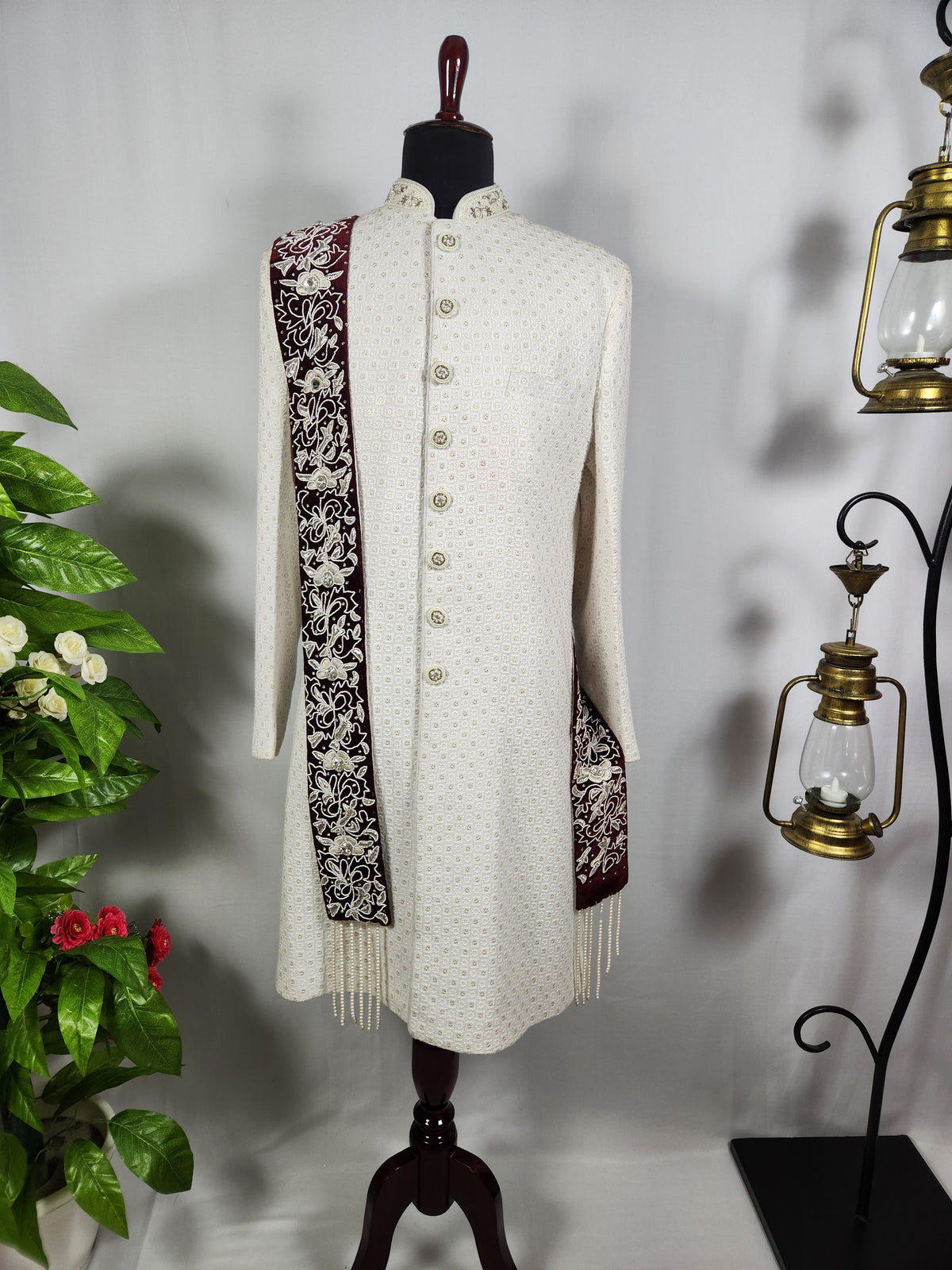 Red Groom Shawl - Embroidered White Thread Handmade