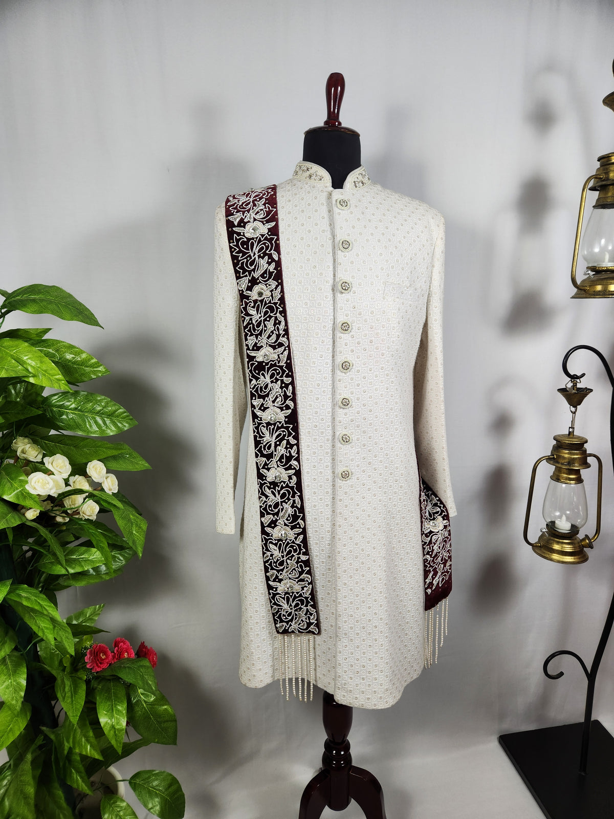 Red Groom Shawl - Embroidered White Thread Handmade