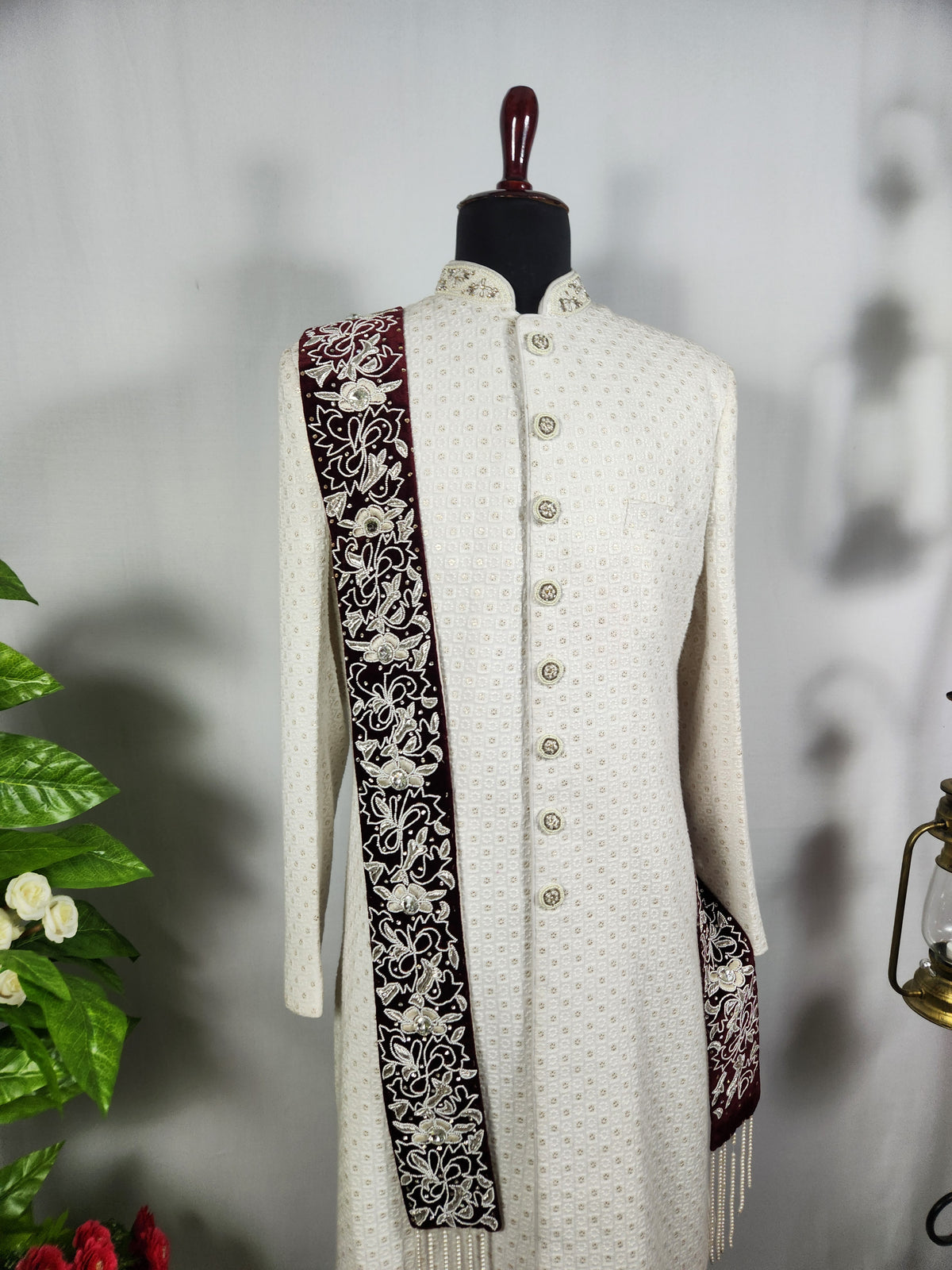 Red Groom Shawl - Embroidered White Thread Handmade