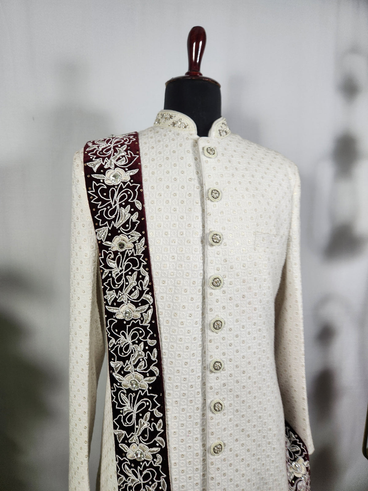 Red Groom Shawl - Embroidered White Thread Handmade