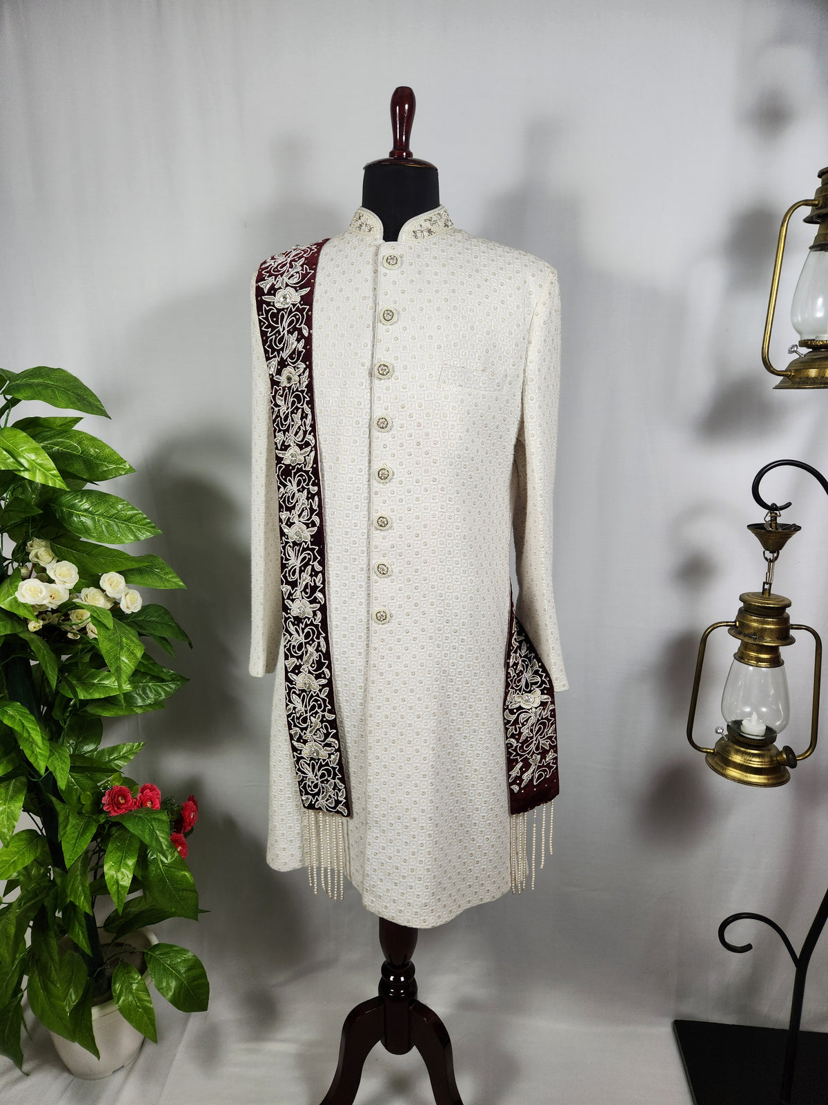 Red Groom Shawl - Embroidered White Thread Handmade