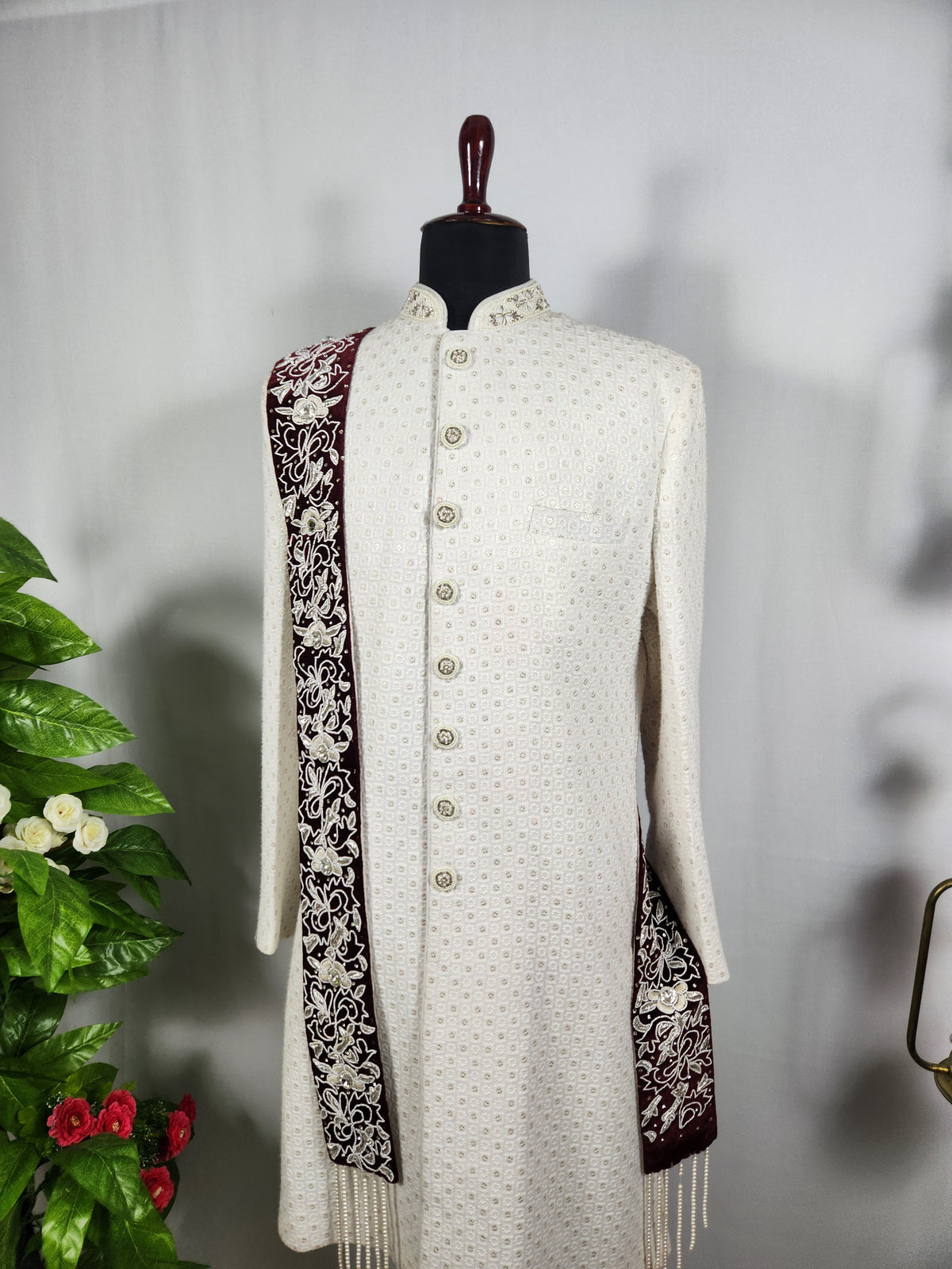 Red Groom Shawl - Embroidered White Thread Handmade