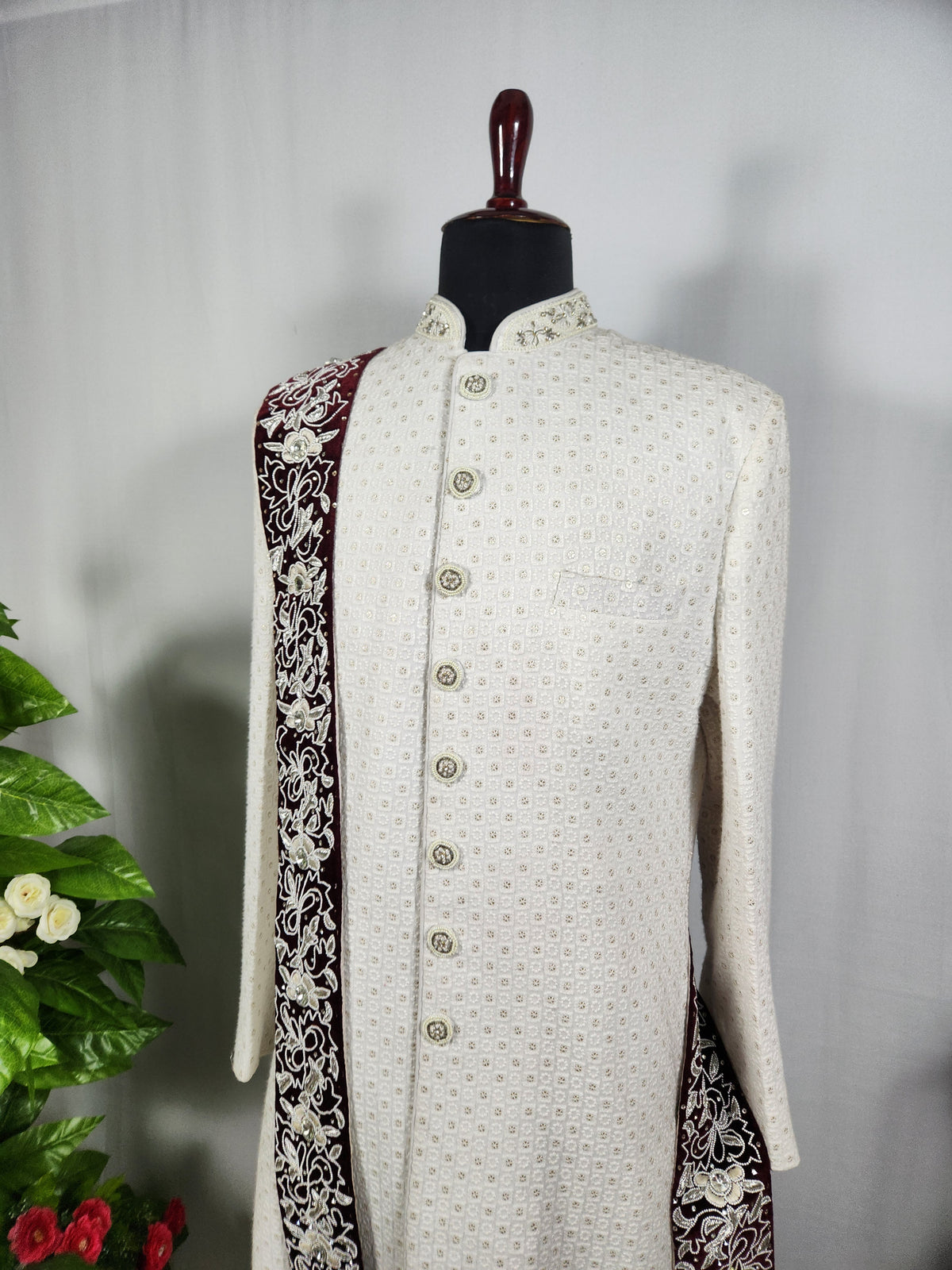 Red Groom Shawl - Embroidered White Thread Handmade