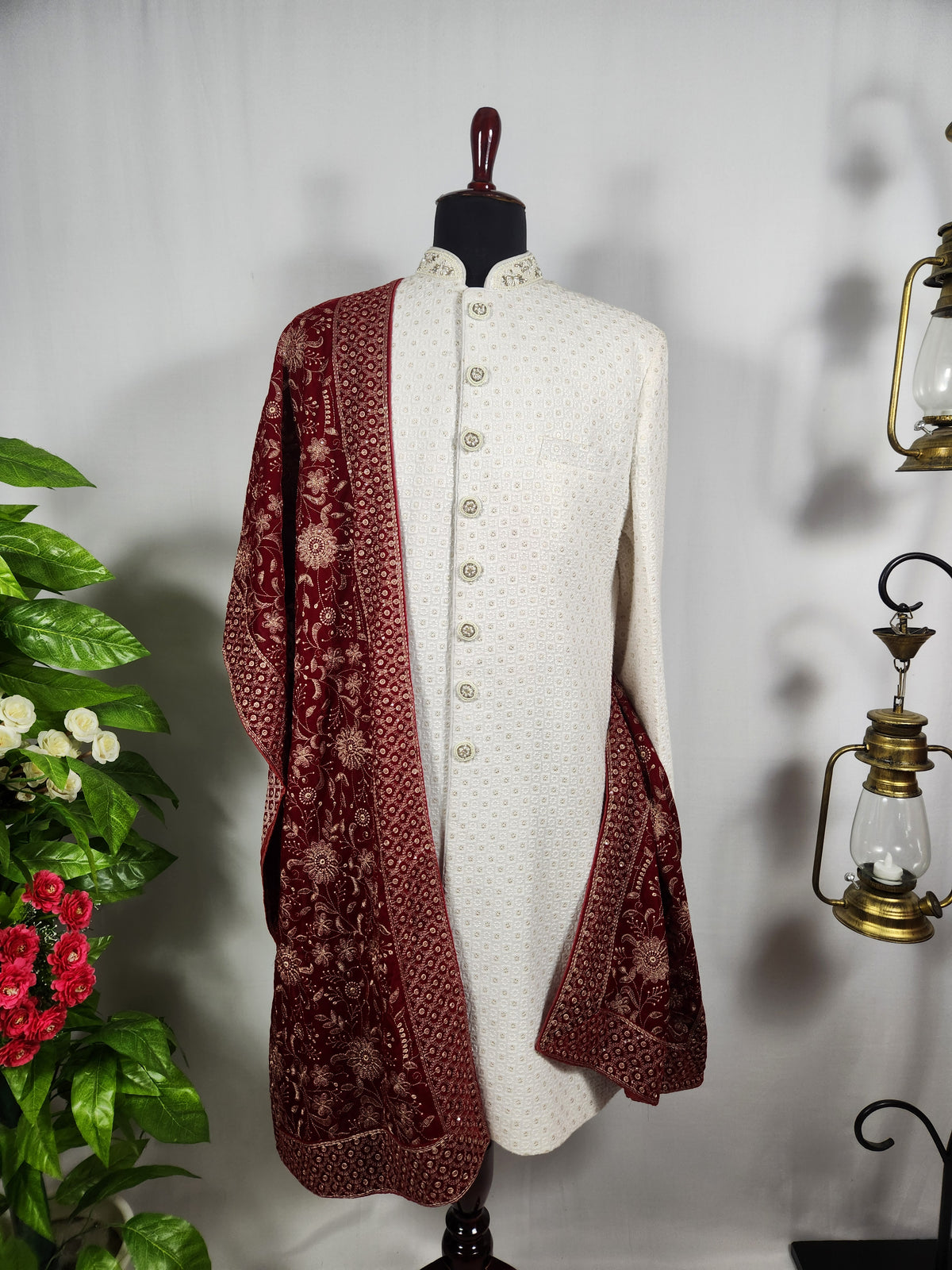 Red Groom Shawl - Embroidered Sherwani Stole with Golden Border