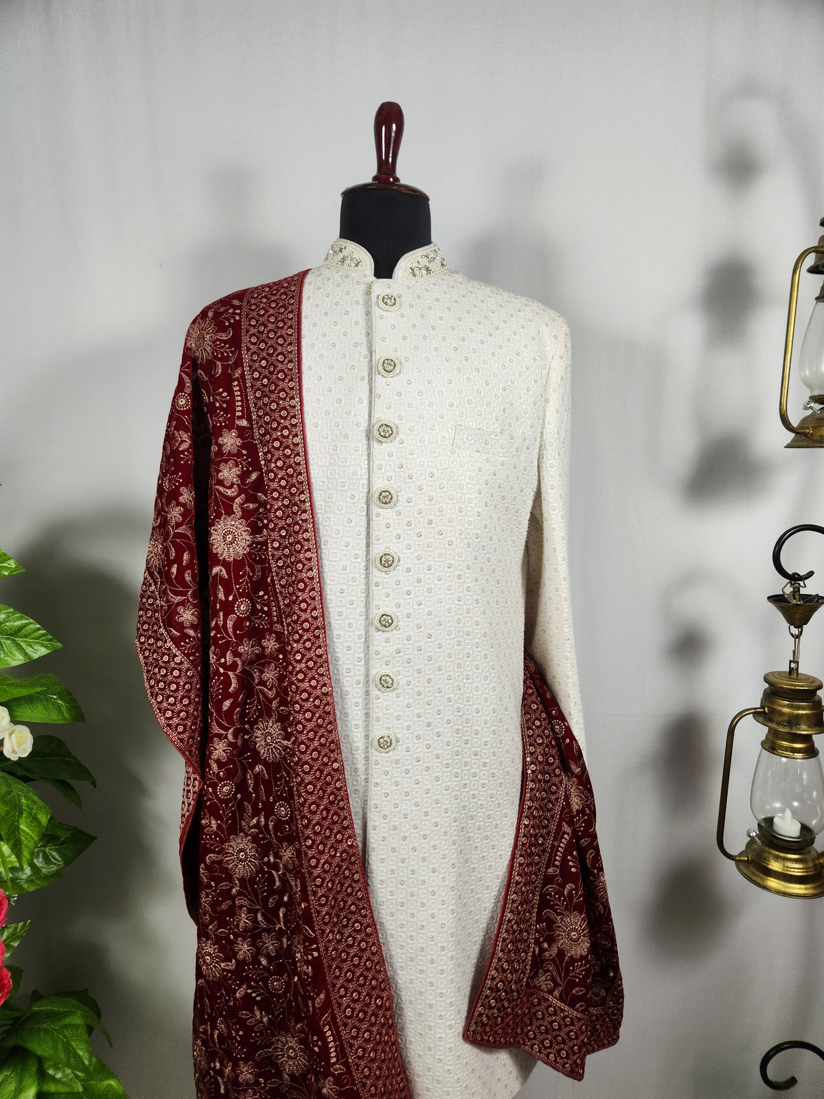 Red Groom Shawl - Embroidered Sherwani Stole with Golden Border