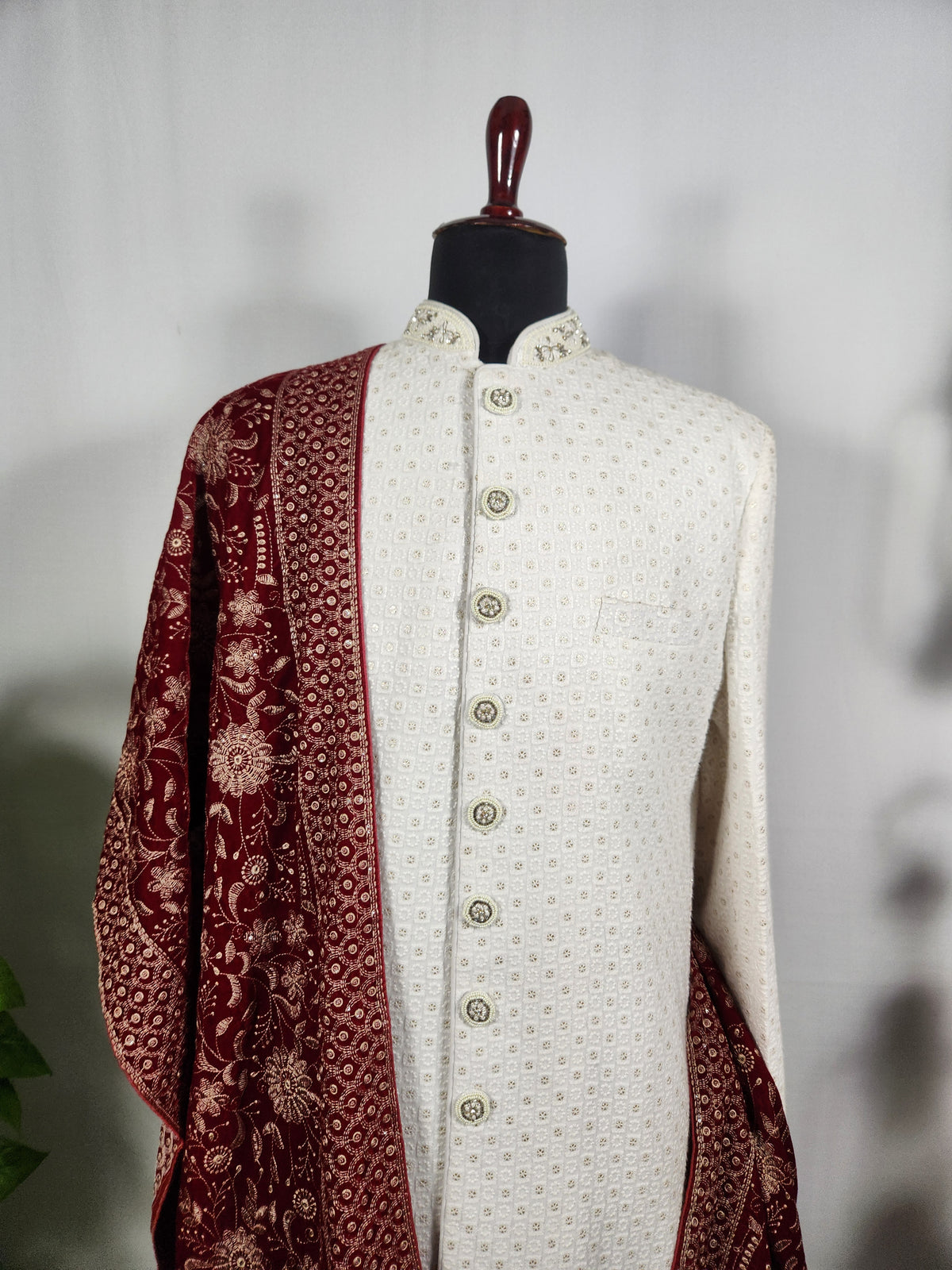 Red Groom Shawl - Embroidered Sherwani Stole with Golden Border