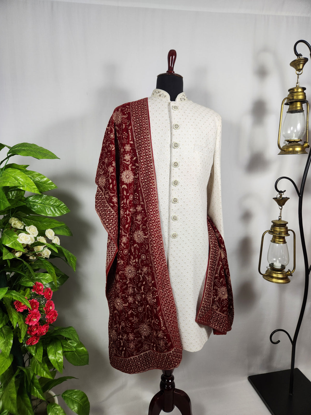 Red Groom Shawl - Embroidered Sherwani Stole with Golden Border