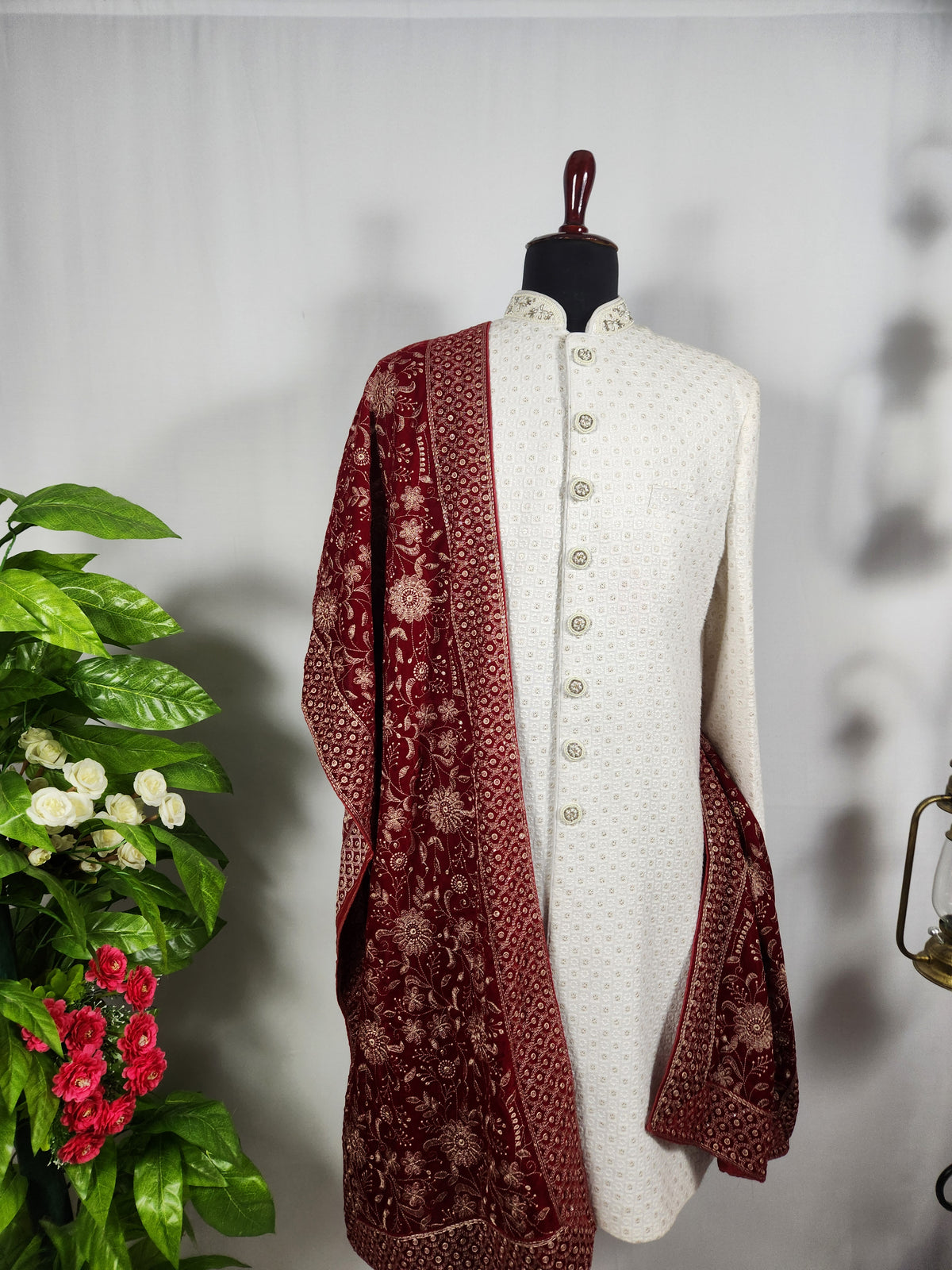 Red Groom Shawl - Embroidered Sherwani Stole with Golden Border