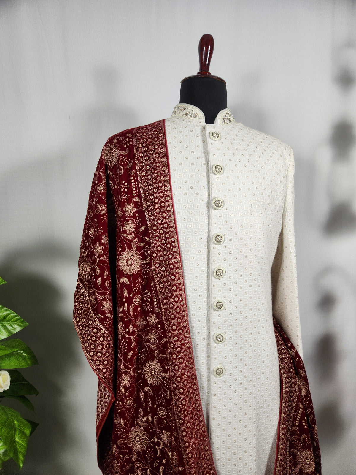 Red Groom Shawl - Embroidered Sherwani Stole with Golden Border