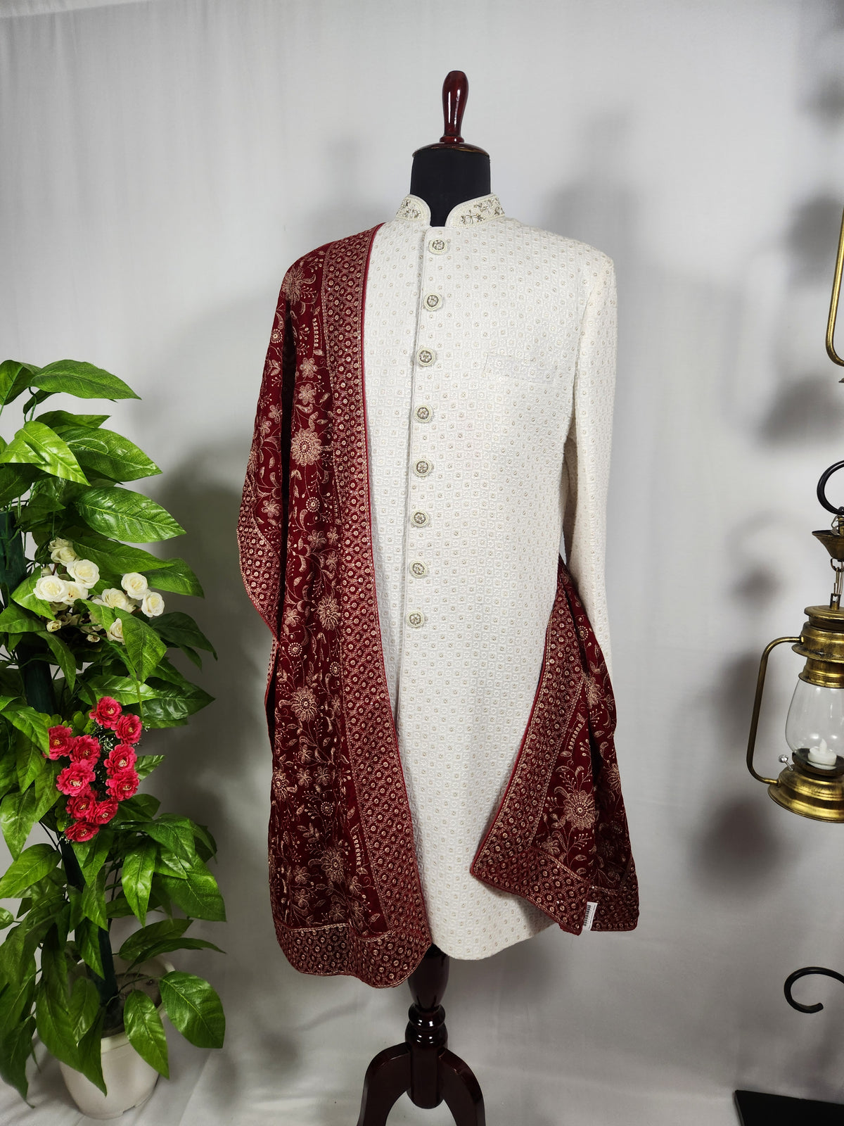 Red Groom Shawl - Embroidered Sherwani Stole with Golden Border