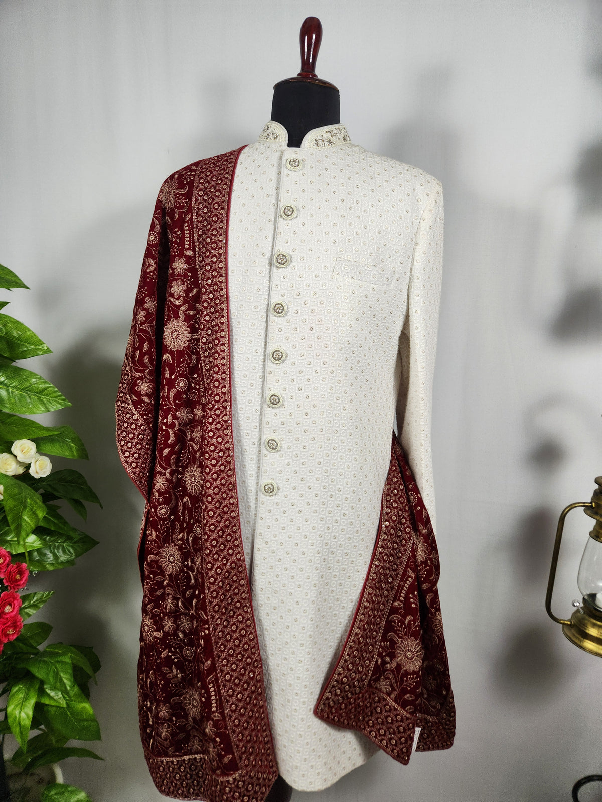 Red Groom Shawl - Embroidered Sherwani Stole with Golden Border