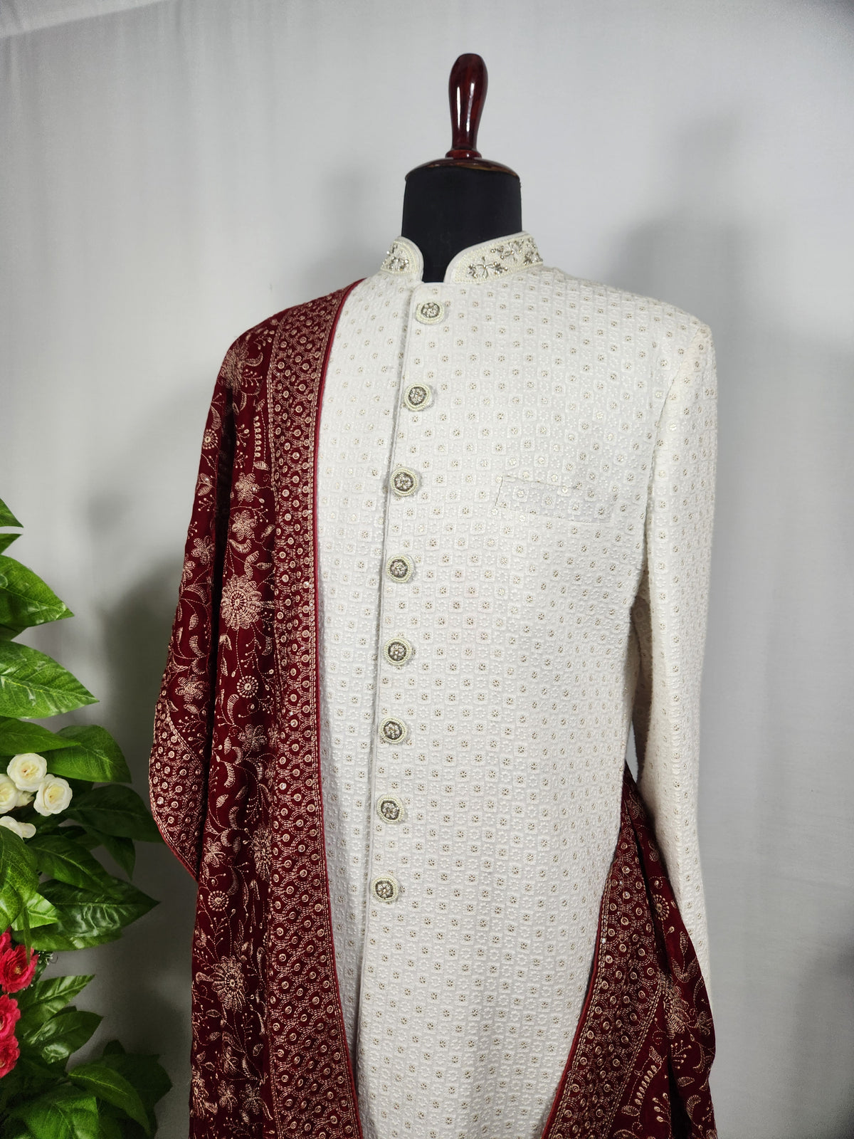 Red Groom Shawl - Embroidered Sherwani Stole with Golden Border
